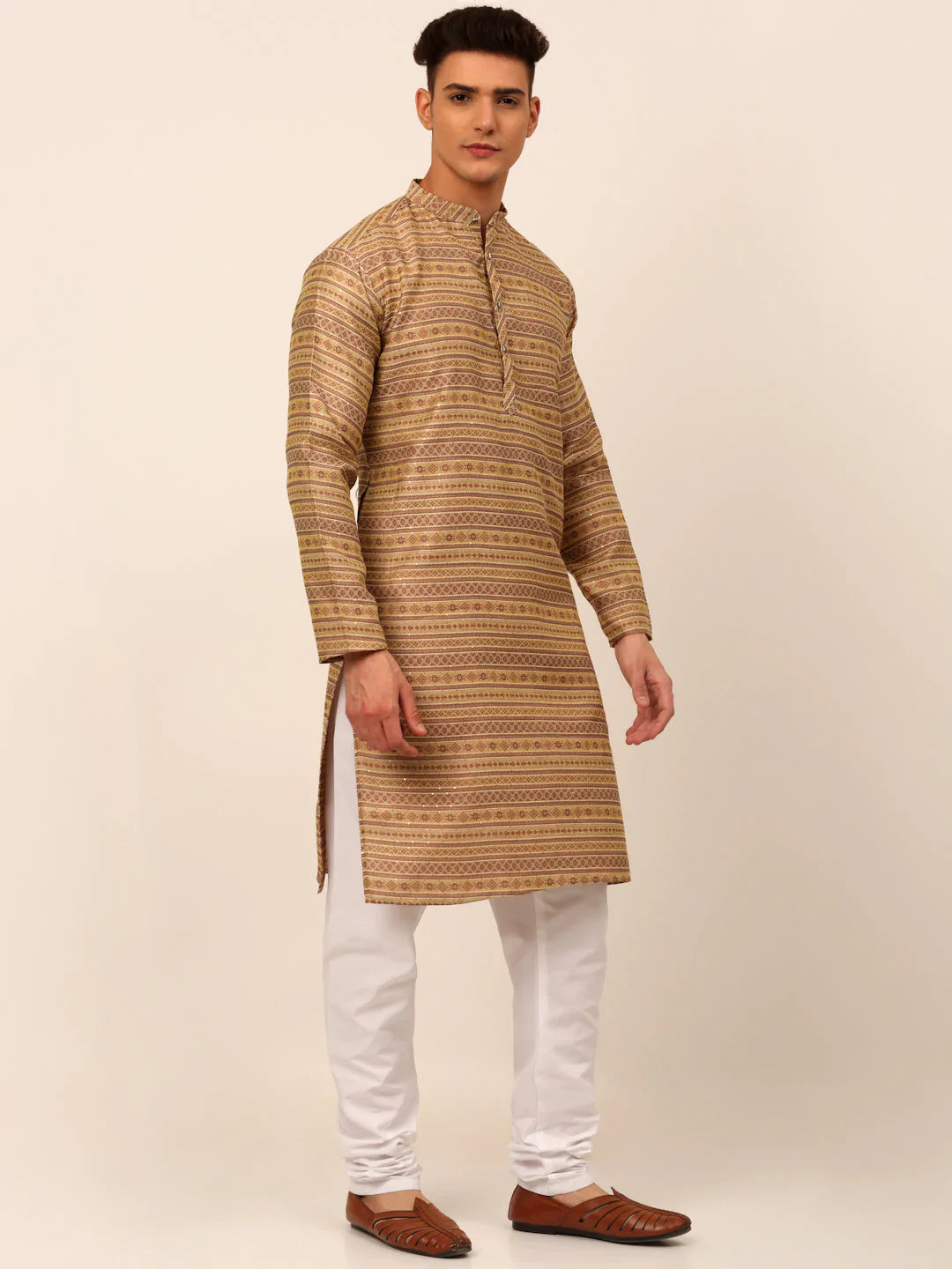 Men Sequinned Kurta with Churidar ( JOKP 668 Brown )