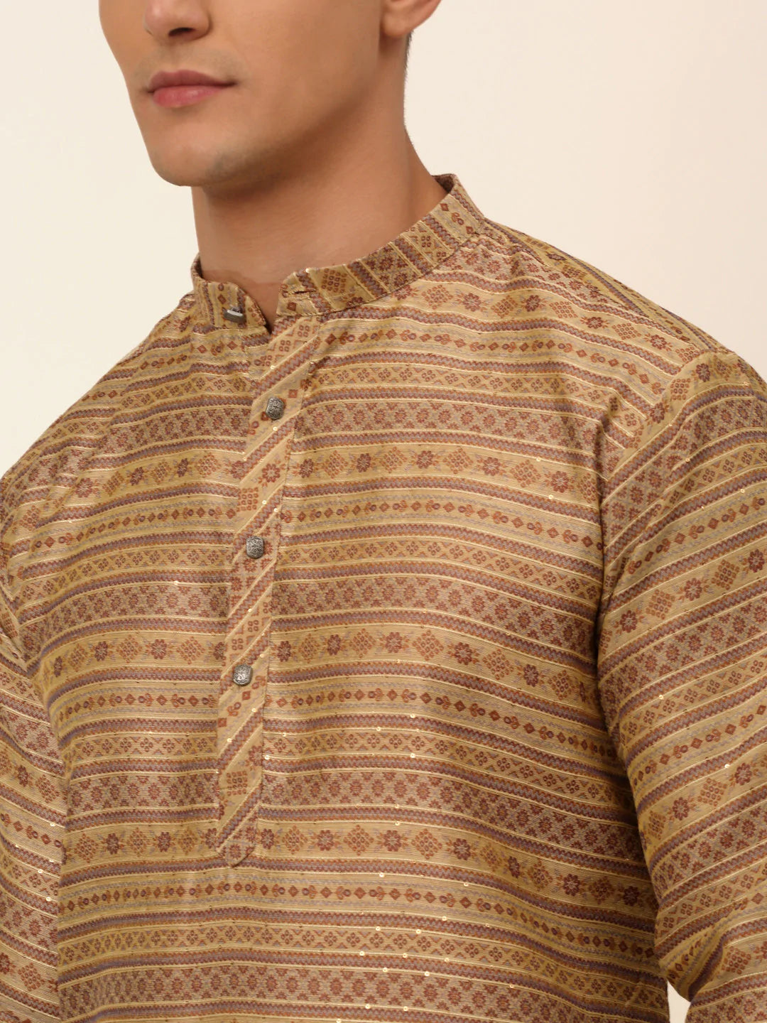 Men Sequinned Kurta with Churidar ( JOKP 668 Brown )