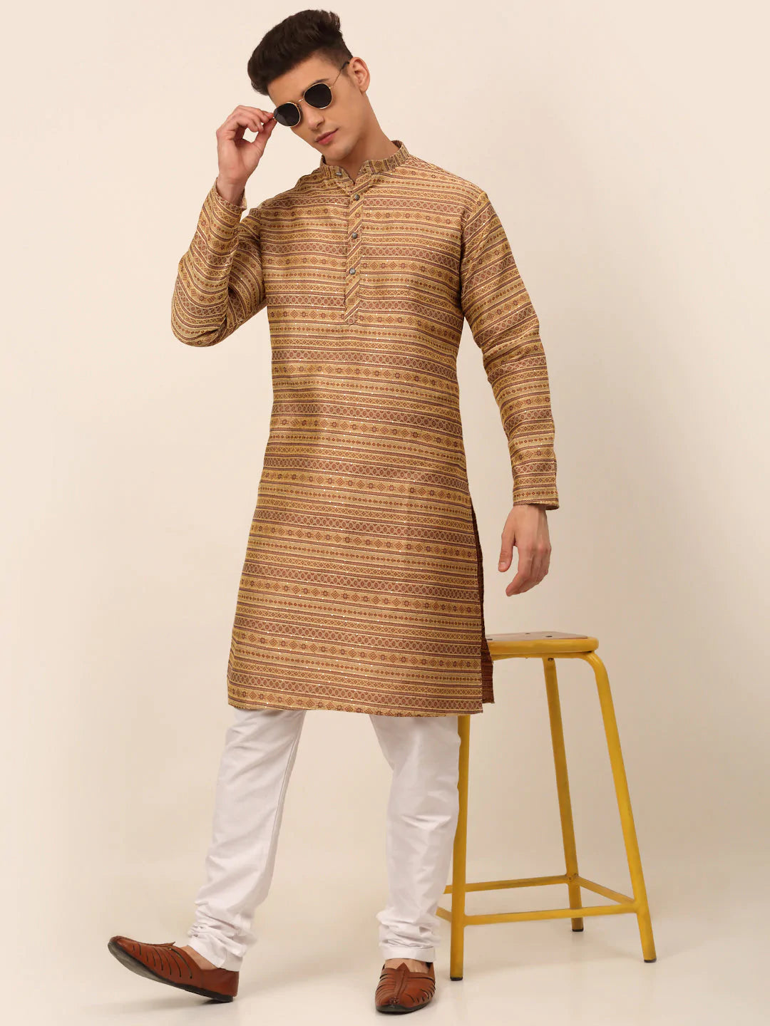 Men Sequinned Kurta with Churidar ( JOKP 668 Brown )