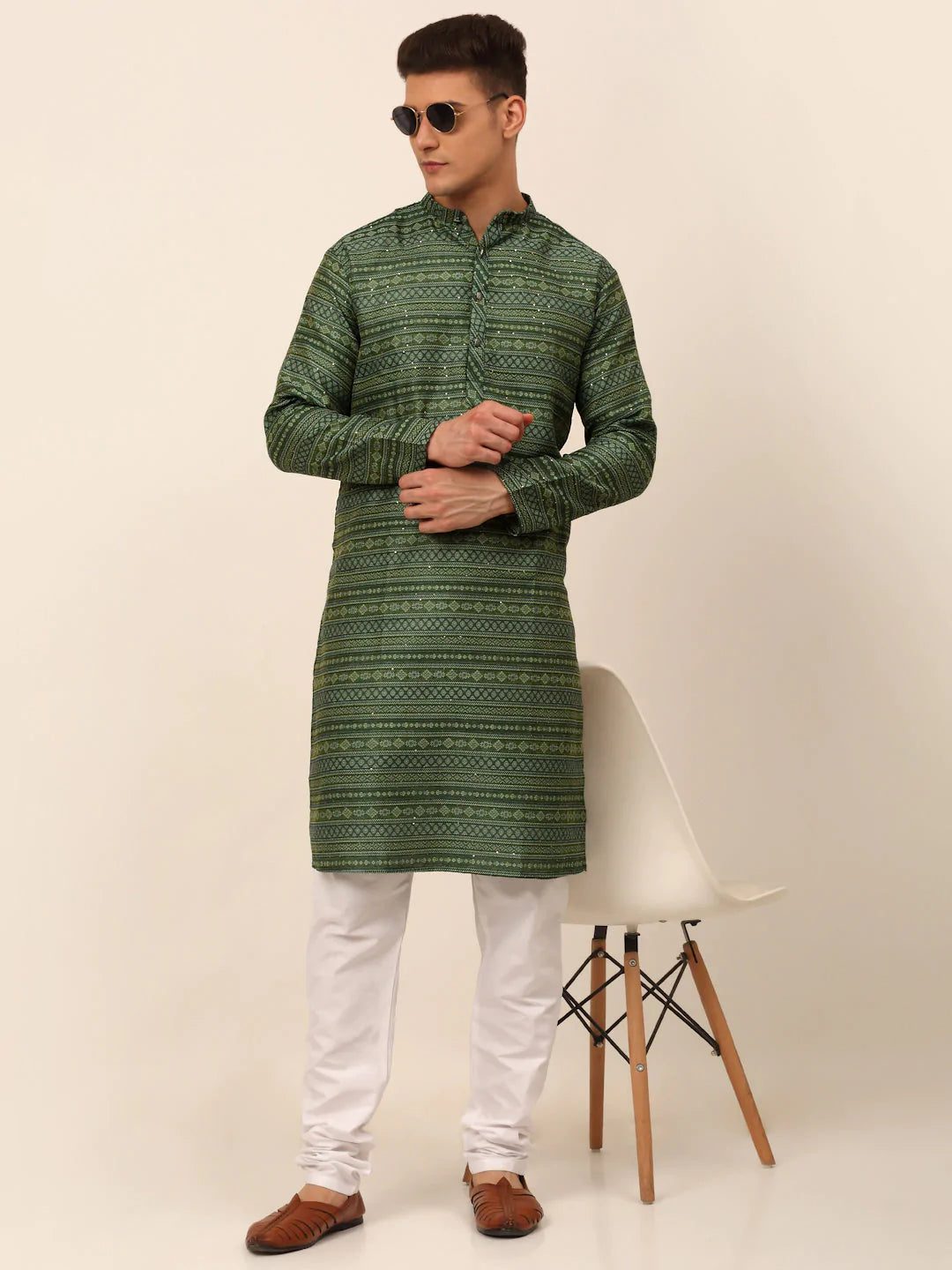 Men Printed Sequinned Kurta Only ( KO 668 Green )