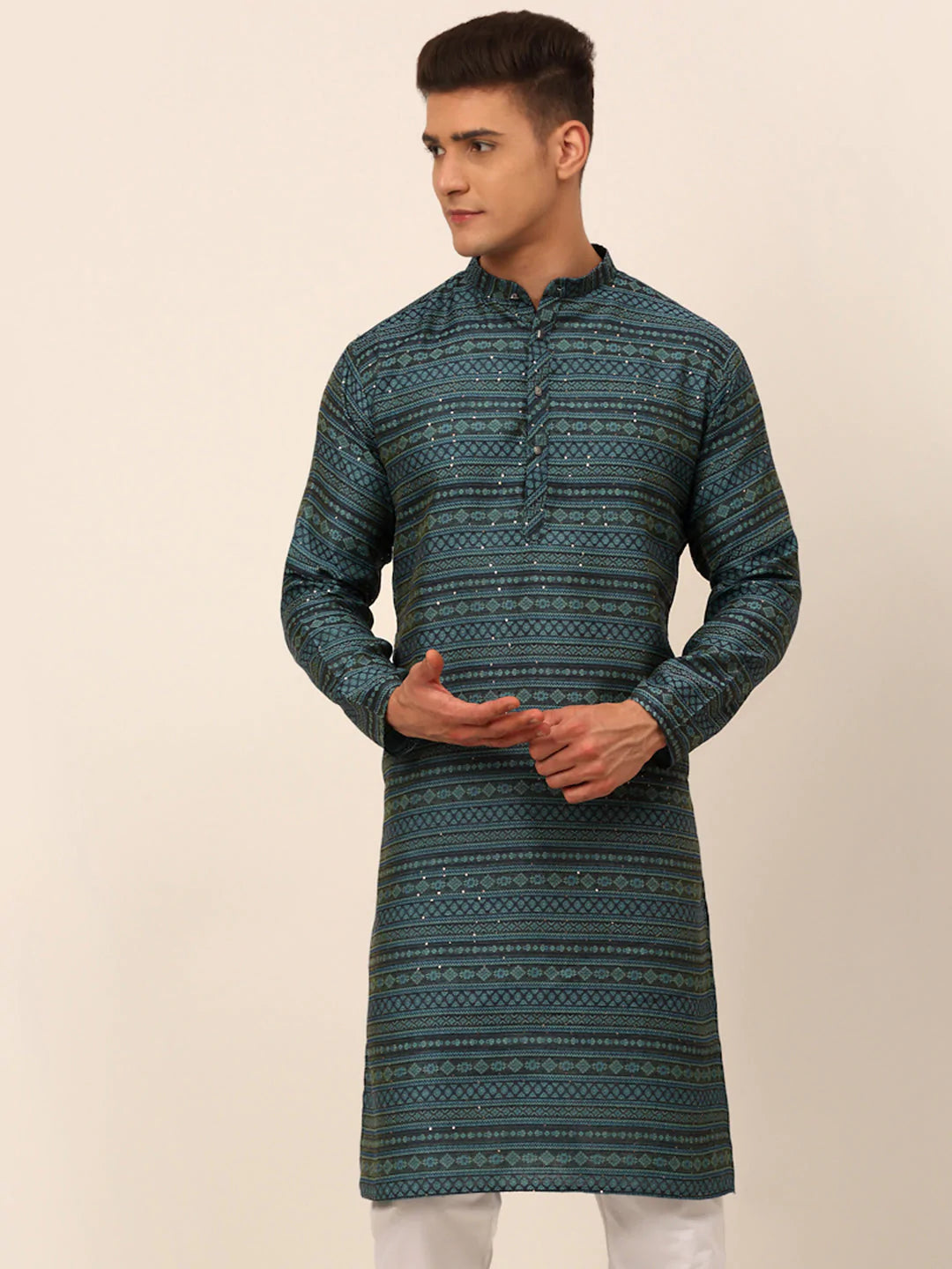 Men Printed Sequinned Kurta Only ( KO 668 Teal )