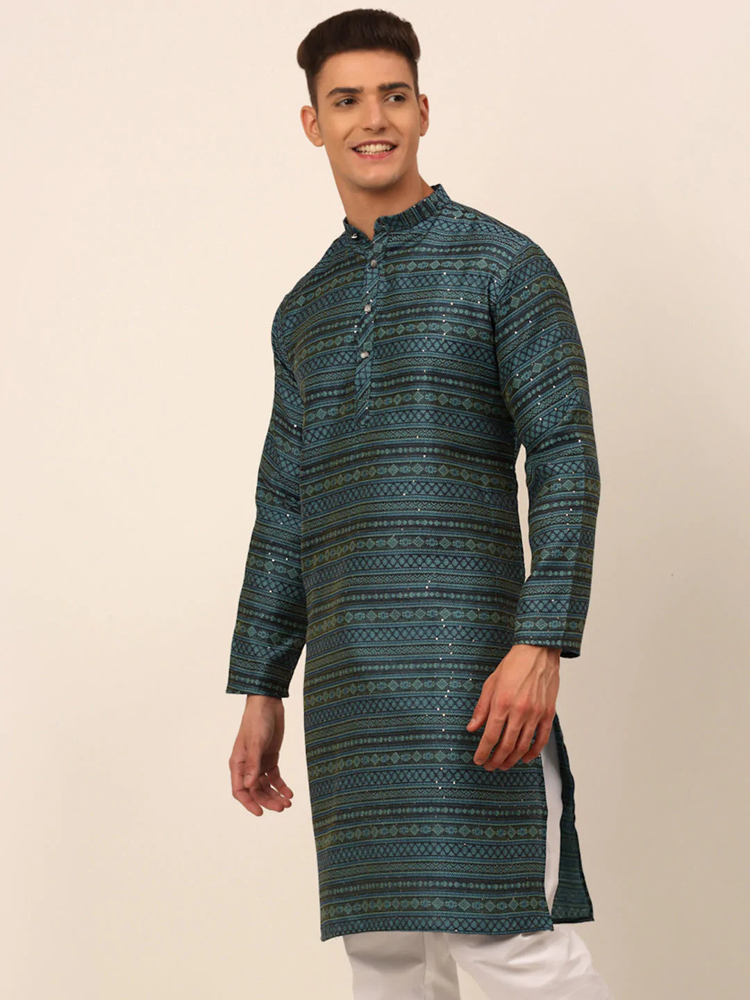 Men Printed Sequinned Kurta Only ( KO 668 Teal )