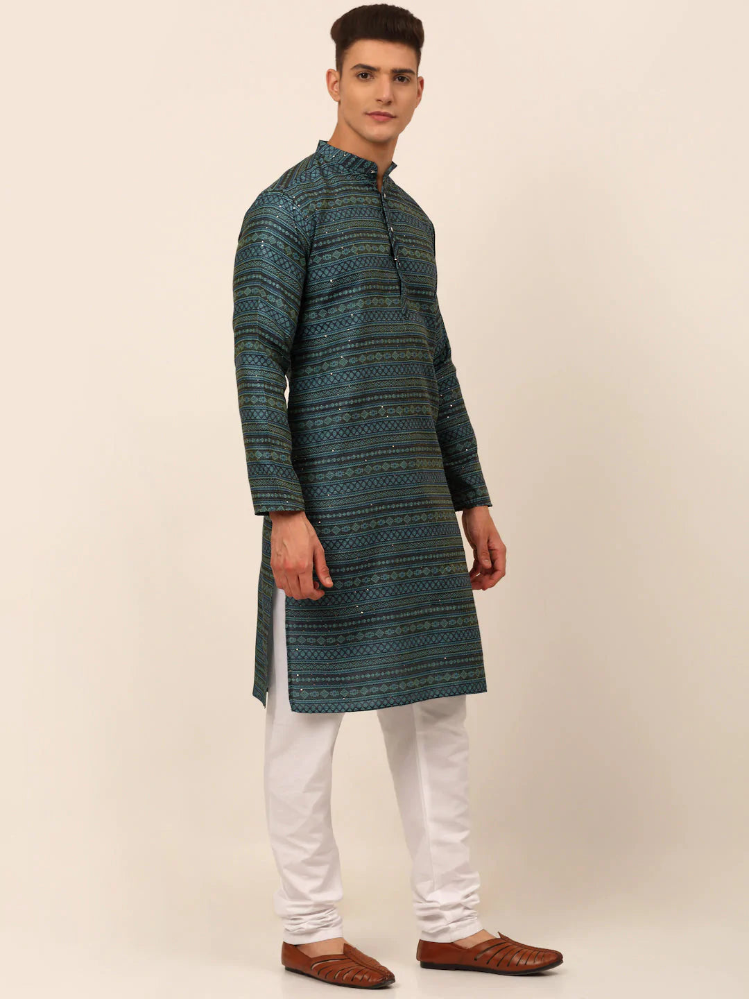 Men Printed Sequinned Kurta Only ( KO 668 Teal )