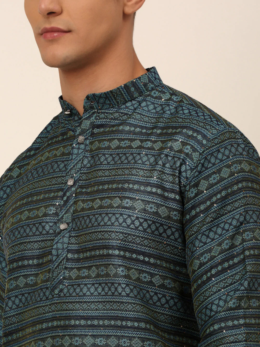 Men Printed Sequinned Kurta Only ( KO 668 Teal )