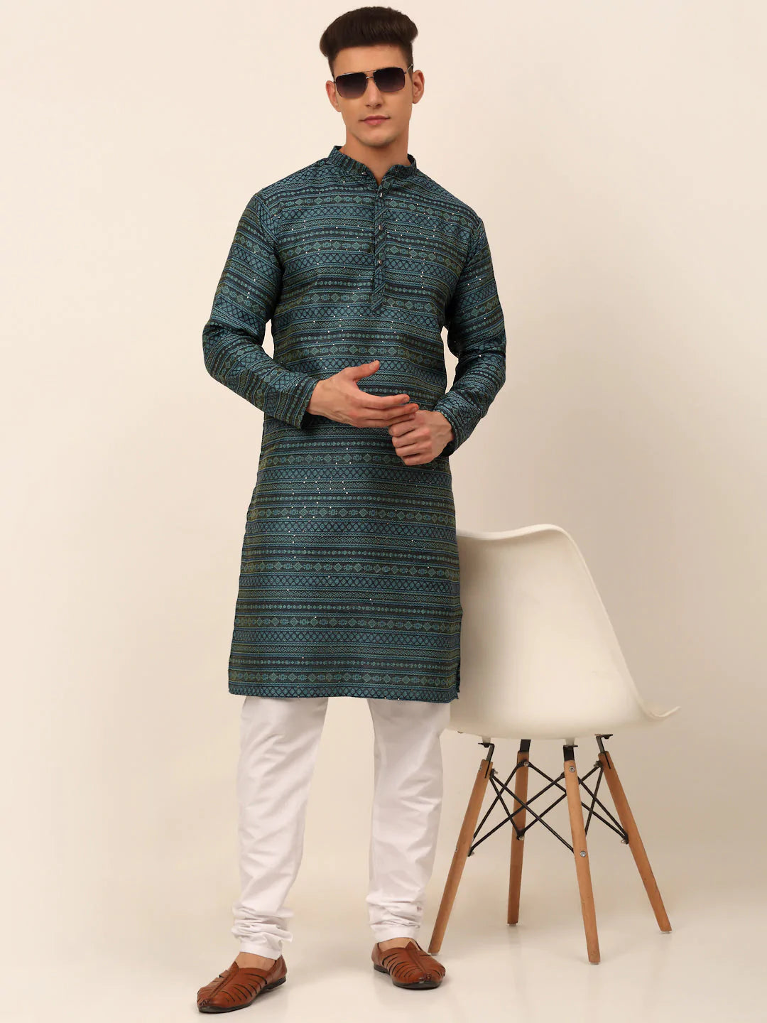 Men Printed Sequinned Kurta Only ( KO 668 Teal )