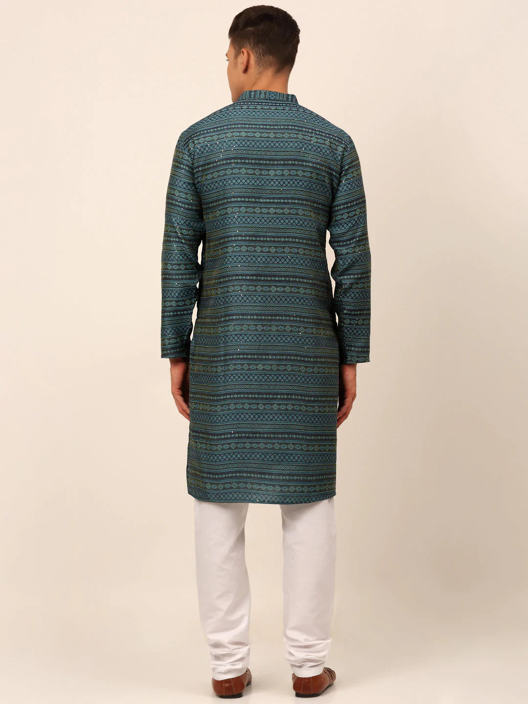 Men Printed Sequinned Kurta with Churidar ( JOKP 668 Teal )