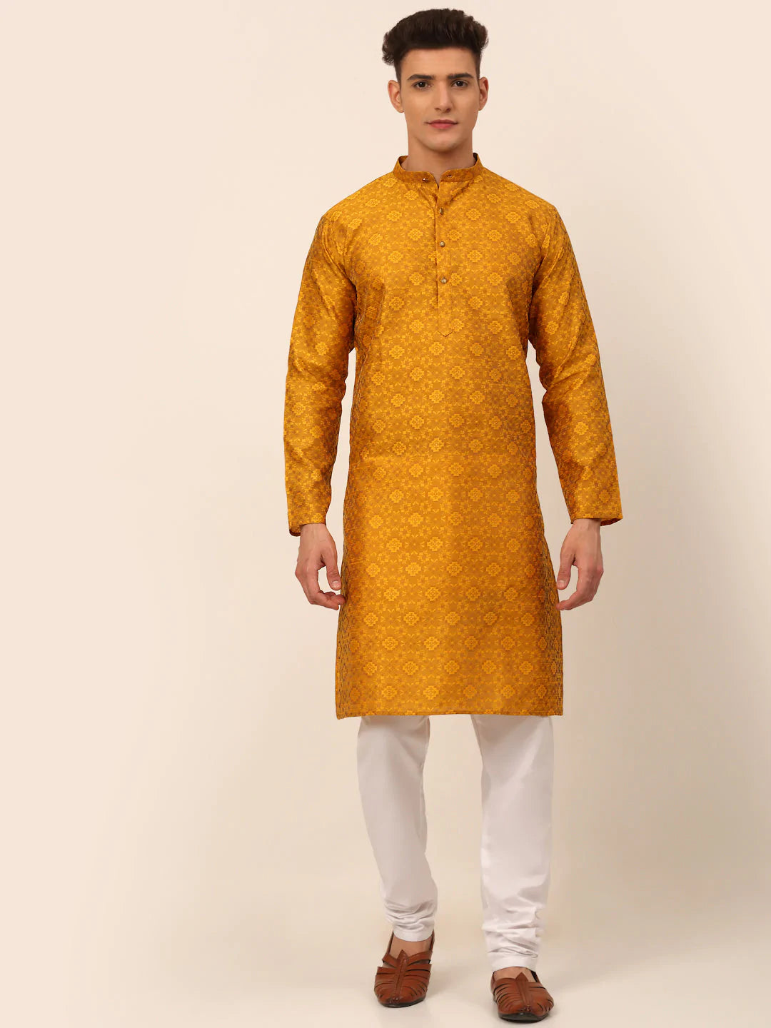 Men Mustard Floral Printed Kurta with Churidar ( JOKP 669 Mustard )