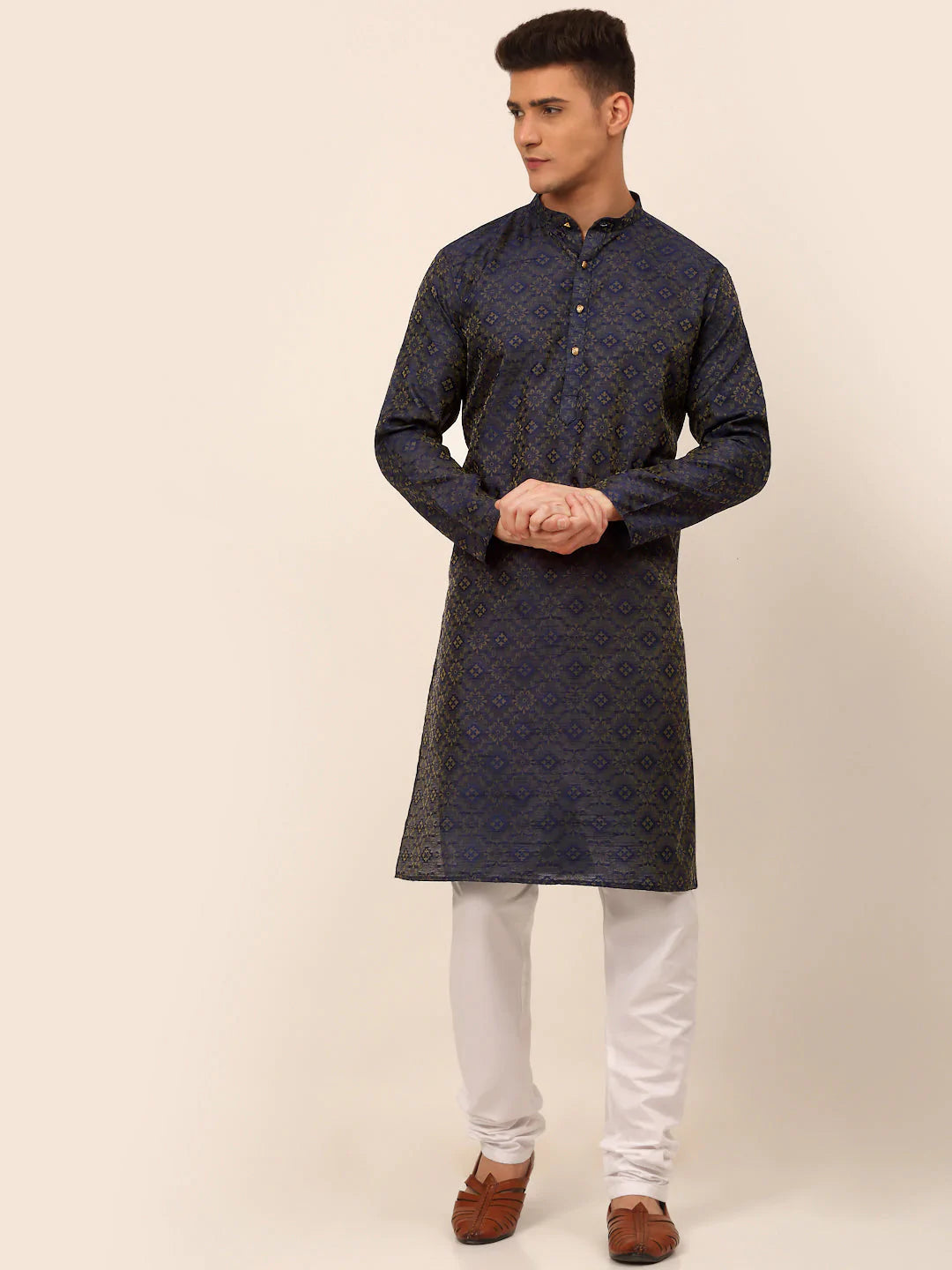 Men Navy Blue Floral Printed Kurta with Churidar ( JOKP 669 Navy )