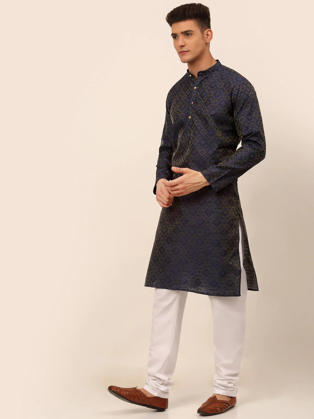 Men Navy Blue Floral Printed Kurta with Churidar ( JOKP 669 Navy )