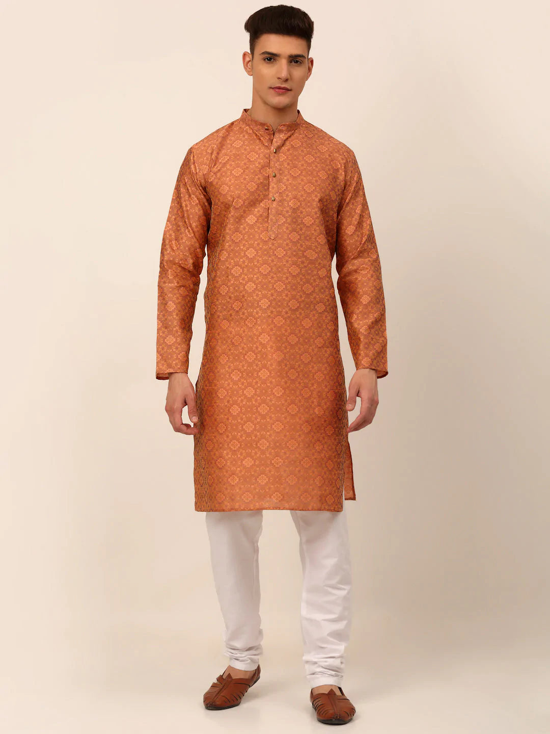 Men Peach Floral Printed Kurta with Churidar ( JOKP 669 Peach )