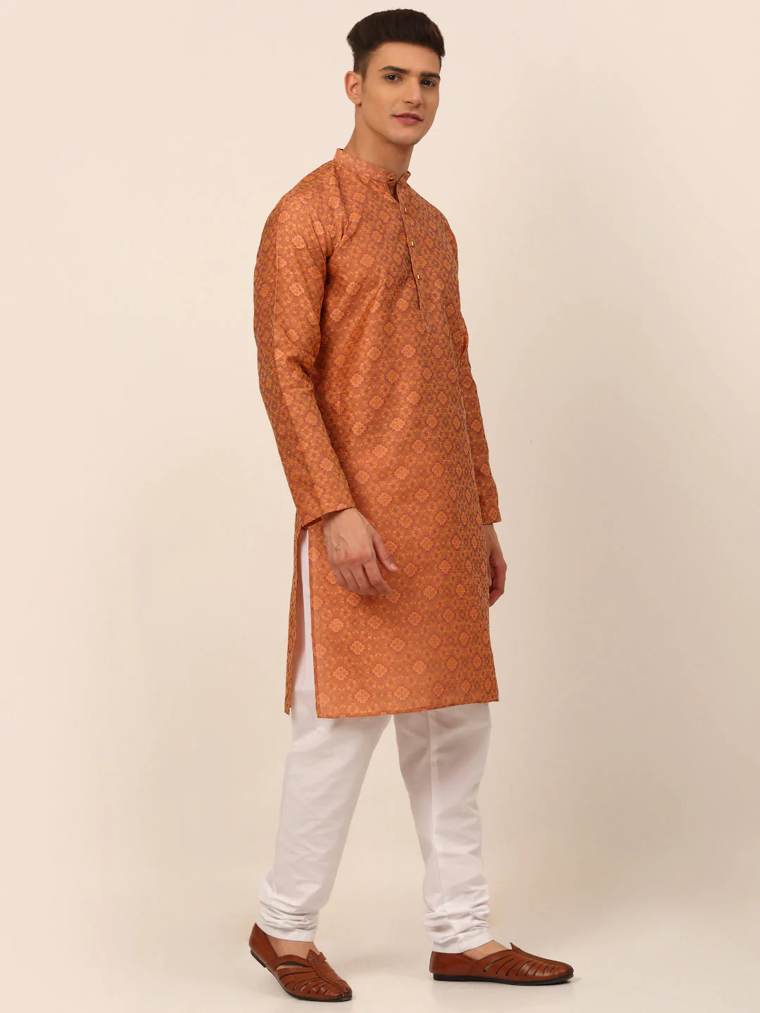 Men Peach Floral Printed Kurta with Churidar ( JOKP 669 Peach )