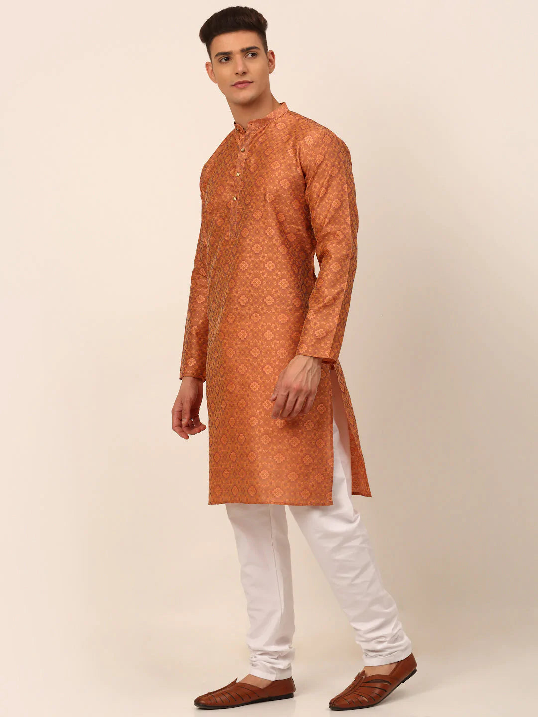 Men Peach Floral Printed Kurta with Churidar ( JOKP 669 Peach )