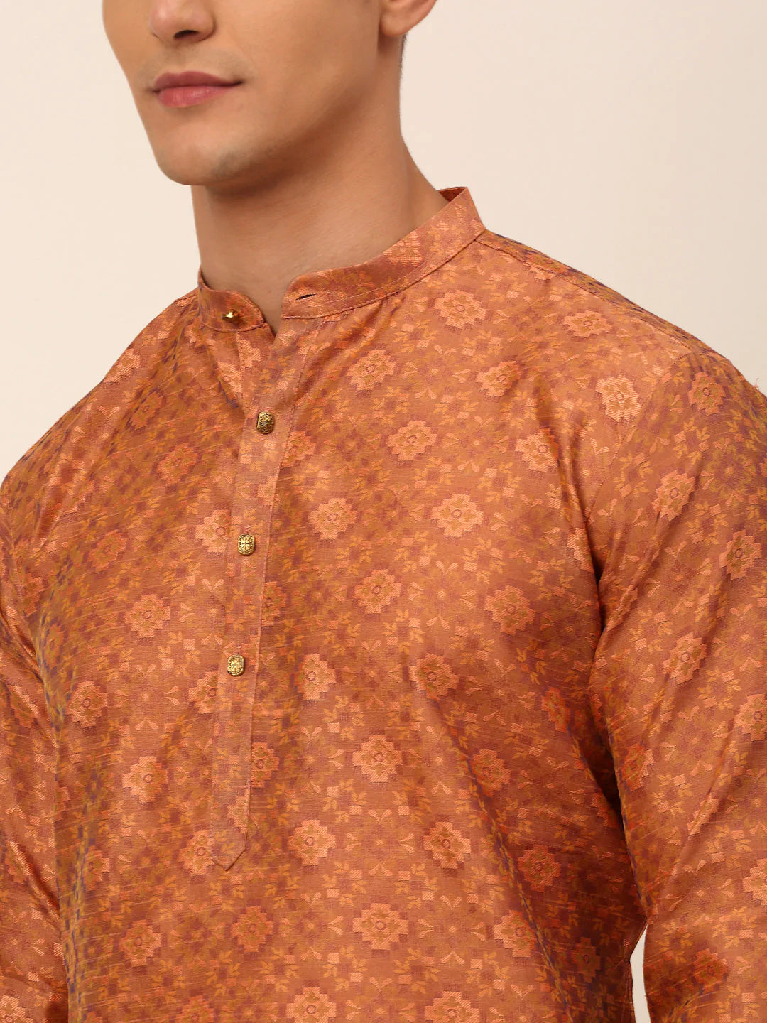 Men Peach Floral Printed Kurta with Churidar ( JOKP 669 Peach )