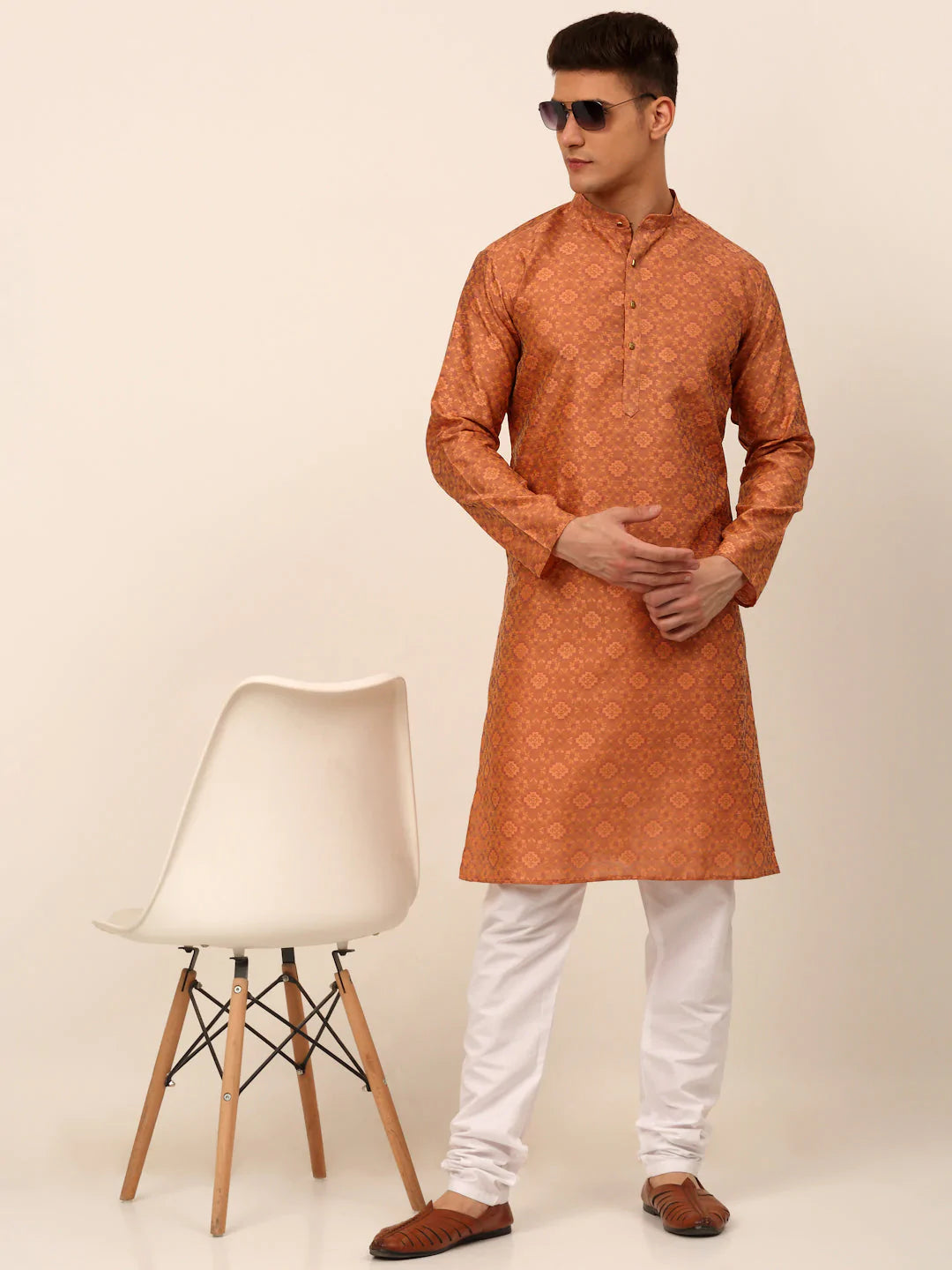 Men Peach Floral Printed Kurta with Churidar ( JOKP 669 Peach )