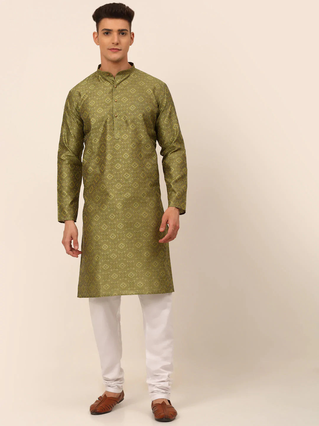 Men Pista Green Floral Printed Kurta with Churidar ( JOKP 669 Pista )