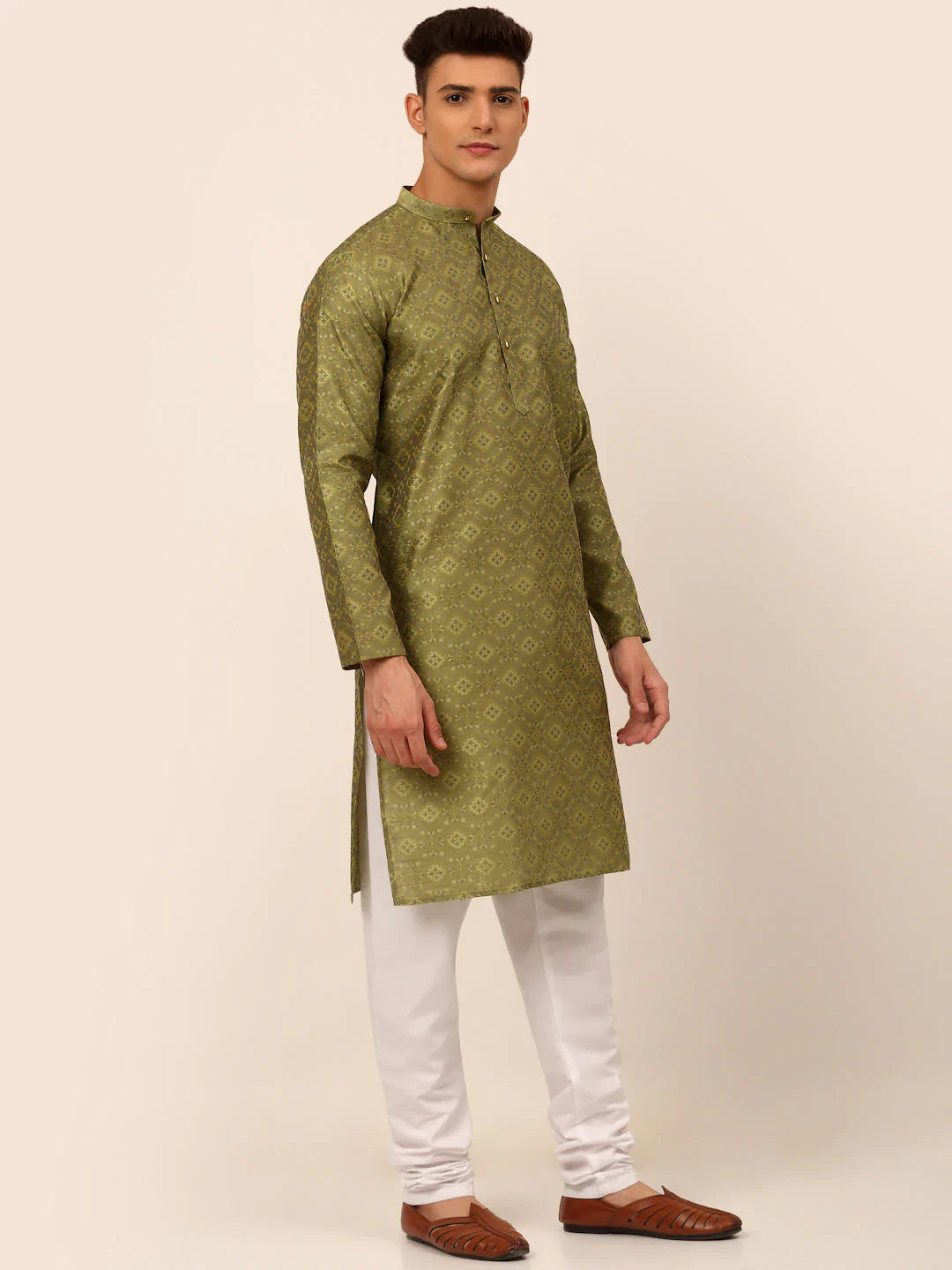 Men Pista Green Floral Printed Kurta with Churidar ( JOKP 669 Pista )