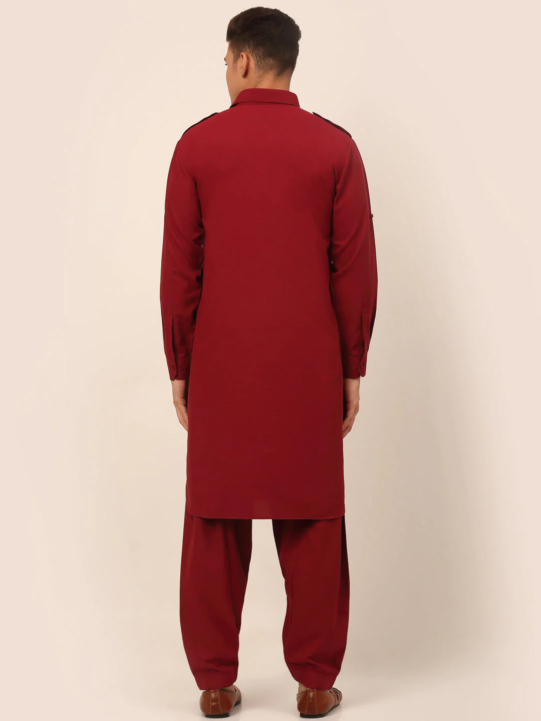 Men Maroon Cotton Solid Pathani Kurta with Salwar ( JOKP 670 Maroon )