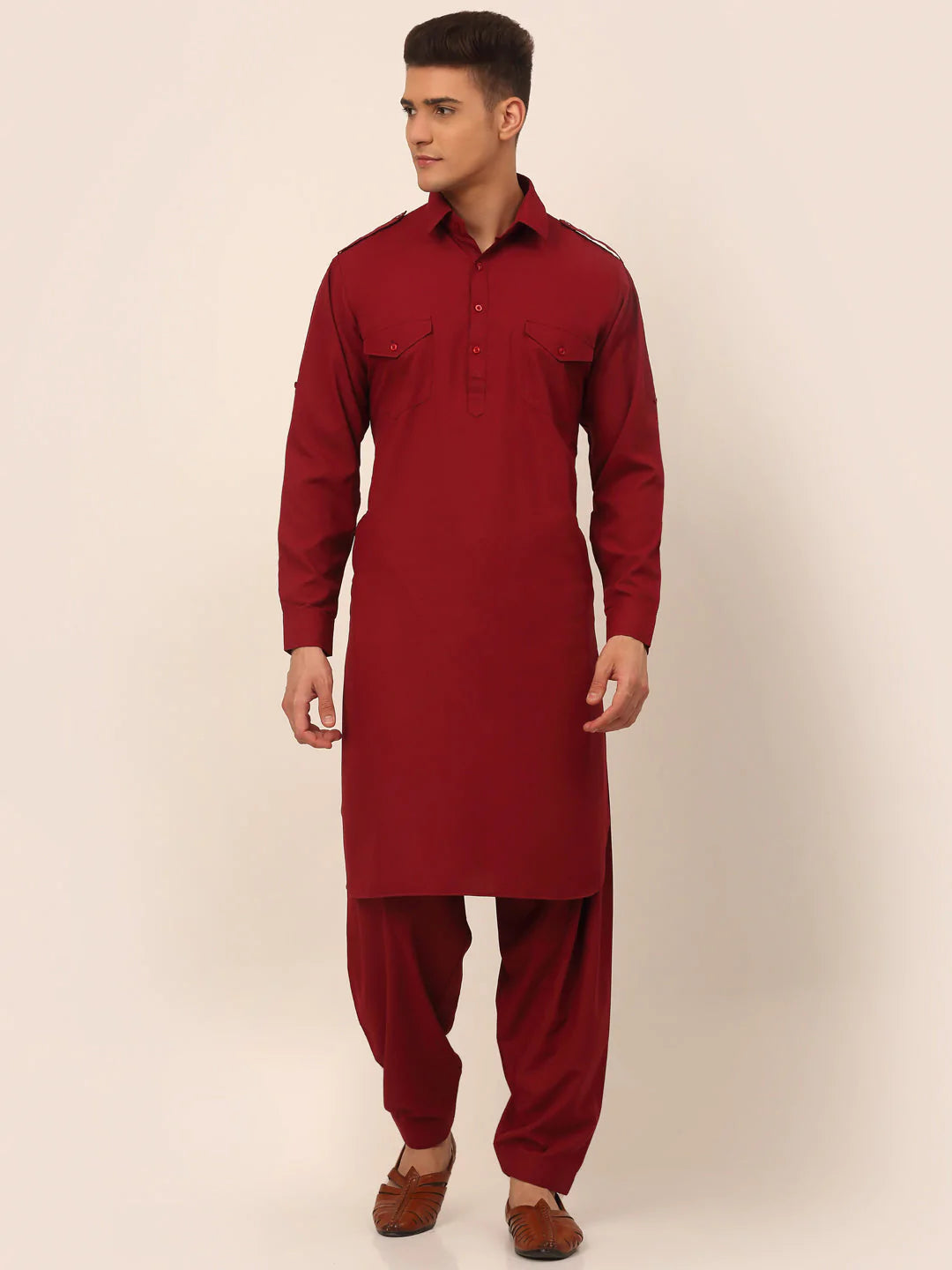 Men Maroon Cotton Solid Pathani Kurta with Salwar ( JOKP 670 Maroon )