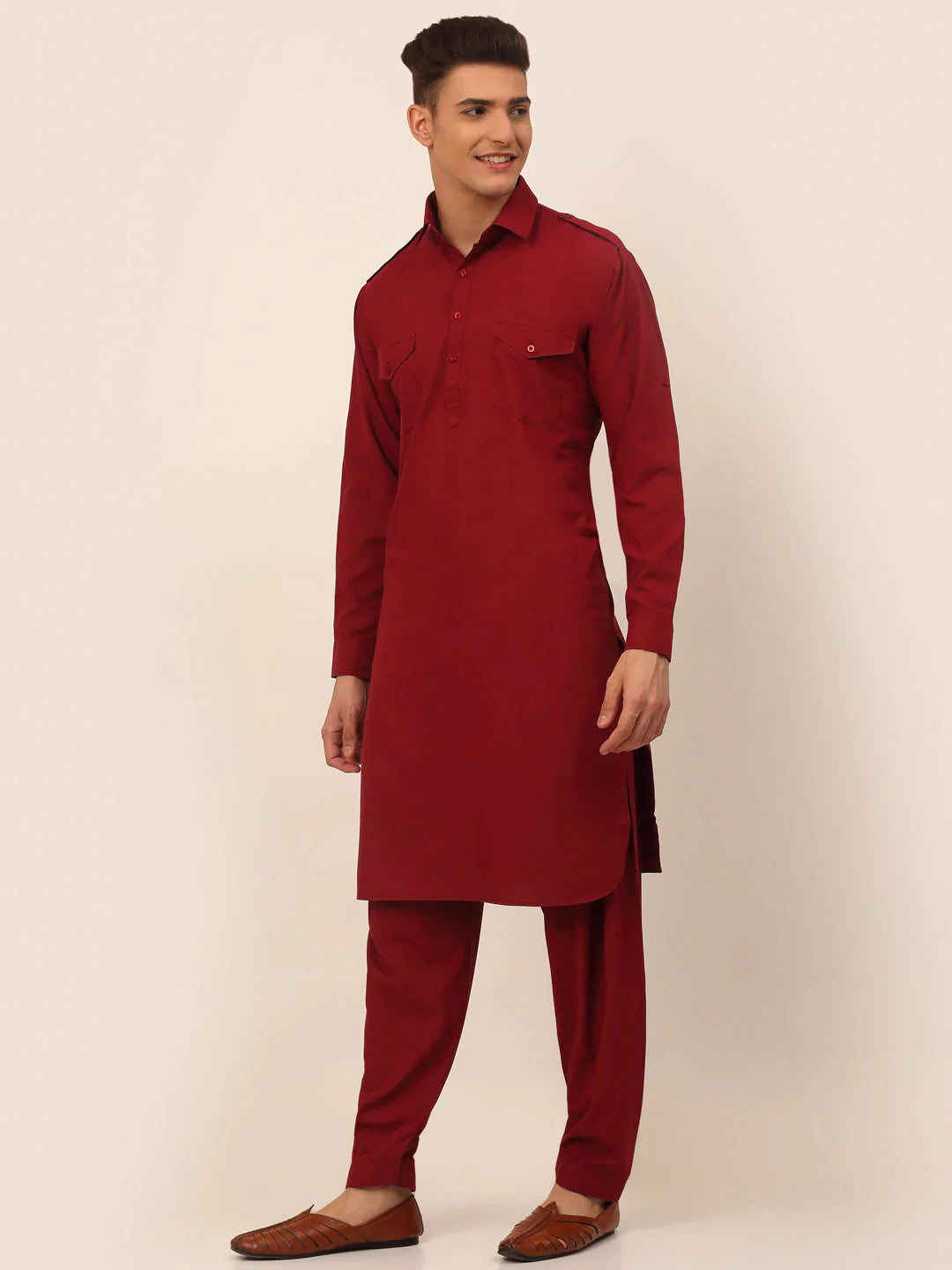 Men Maroon Cotton Solid Pathani Kurta with Salwar ( JOKP 670 Maroon )