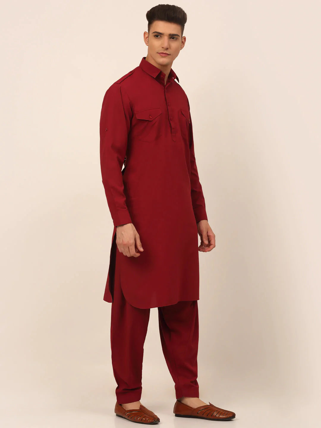 Men Maroon Cotton Solid Pathani Kurta with Salwar ( JOKP 670 Maroon )