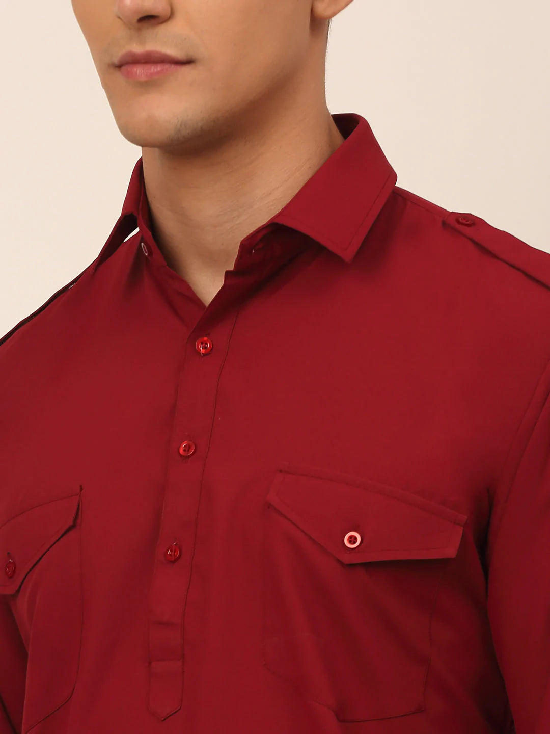 Men Maroon Cotton Solid Pathani Kurta with Salwar ( JOKP 670 Maroon )