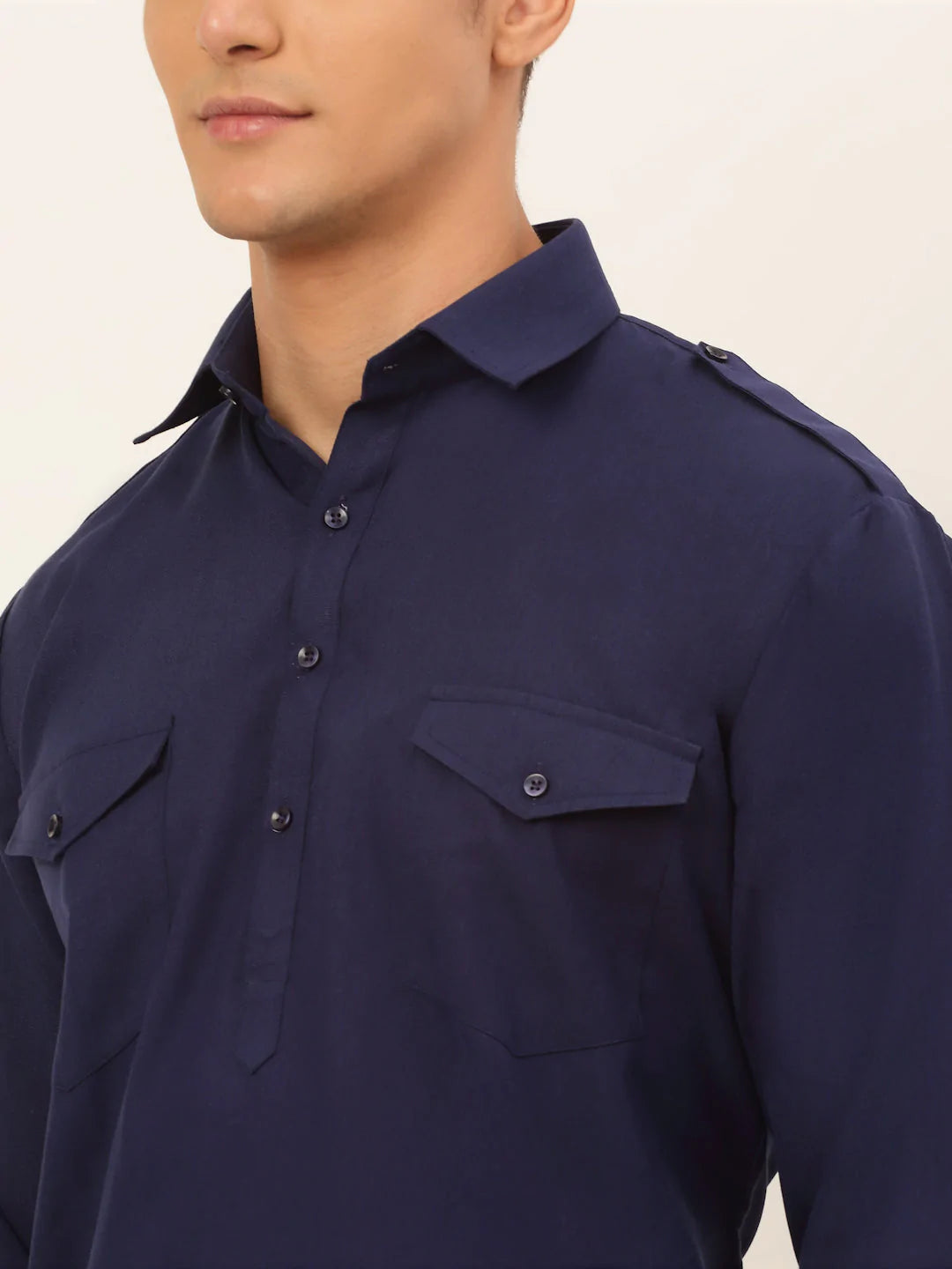 Men Navy Cotton Solid Pathani Kurta with Salwar ( JOKP 670 Navy )