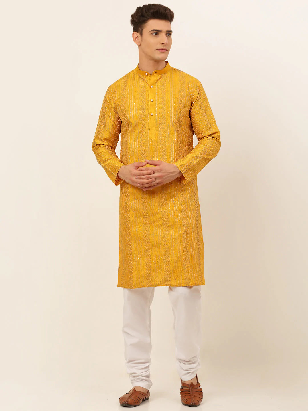 Jompers Men's Mustard Embroiderd Kurta Pajama ( JOKP 671 Mustard )