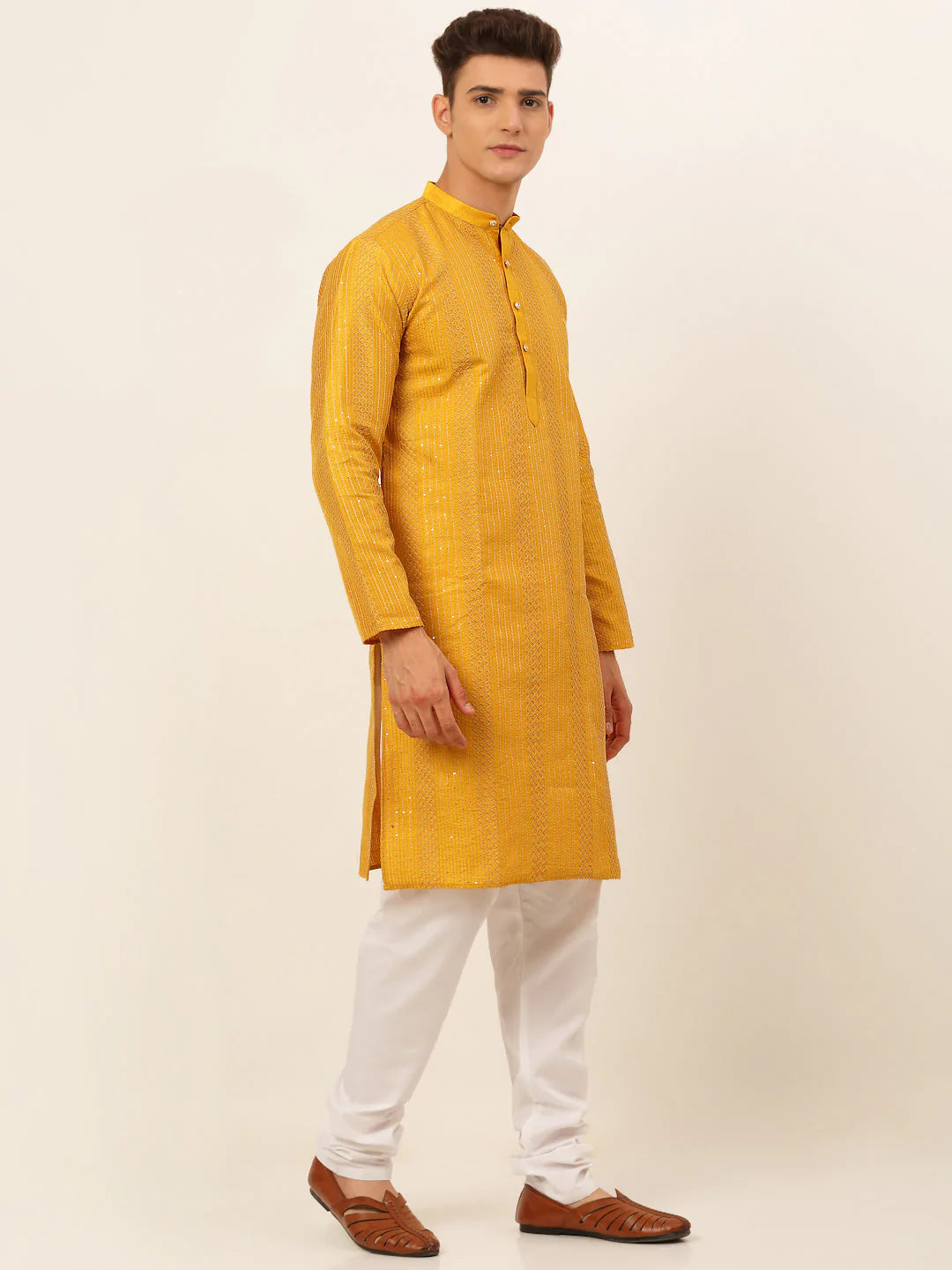 Jompers Men's Mustard Embroiderd Kurta Pajama ( JOKP 671 Mustard )