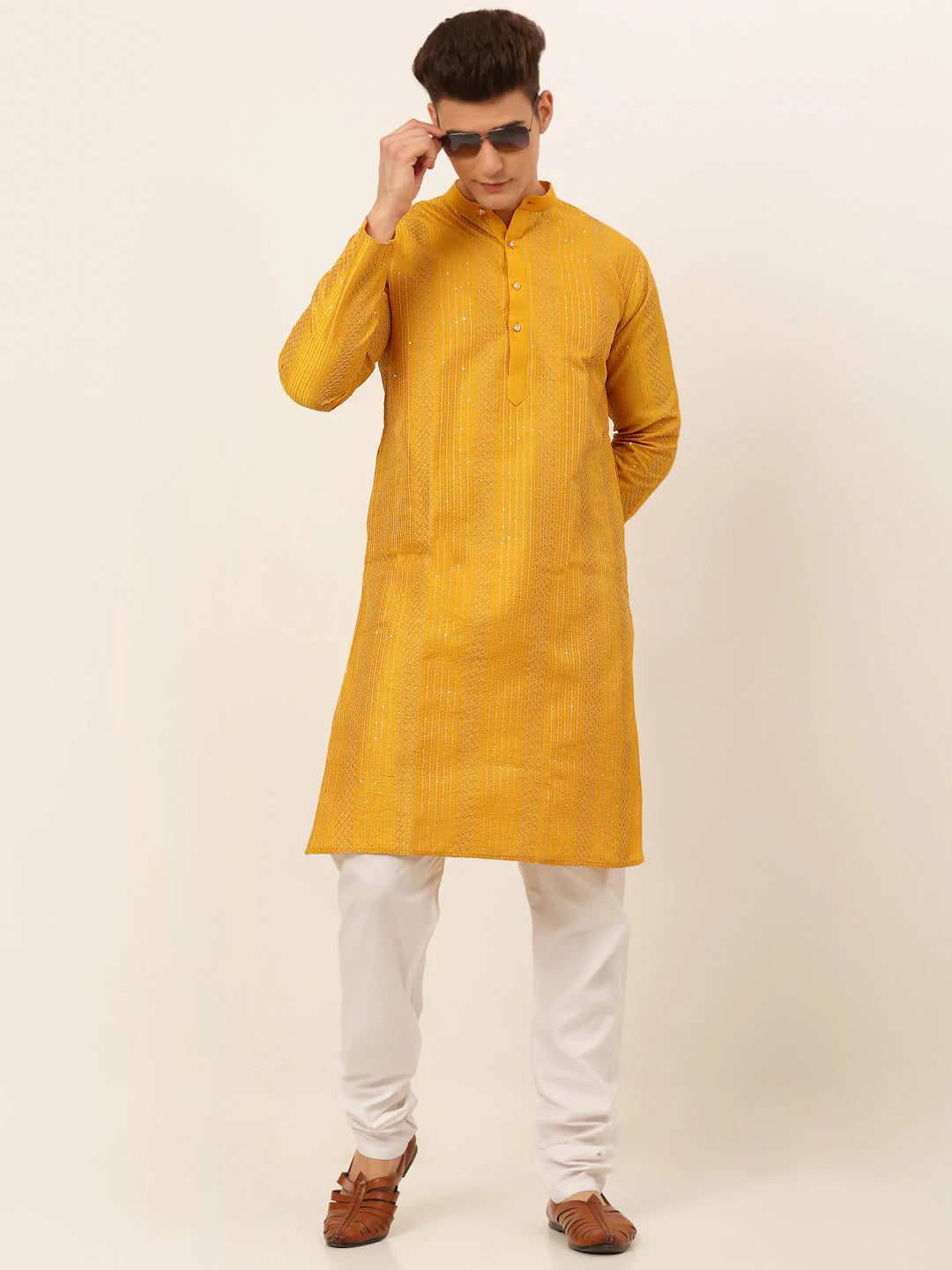 Jompers Men's Mustard Embroiderd Kurta Pajama ( JOKP 671 Mustard )