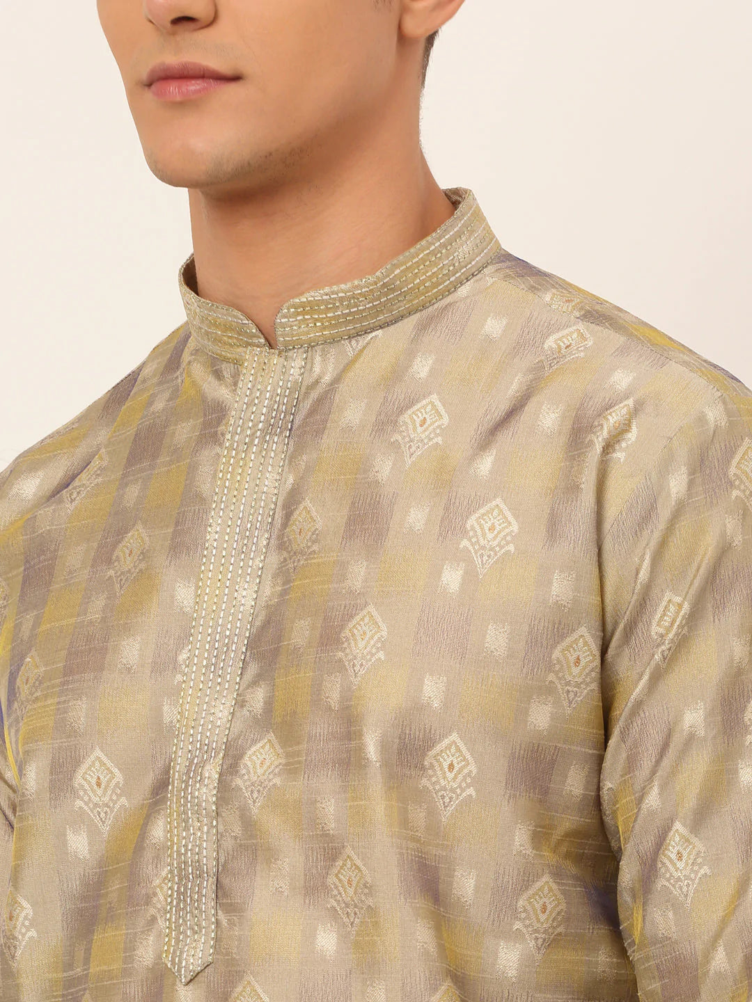 Jompers Men's Beige Collar Embroidered Woven Design Kurta Pajama ( JOKP 672 Beige )