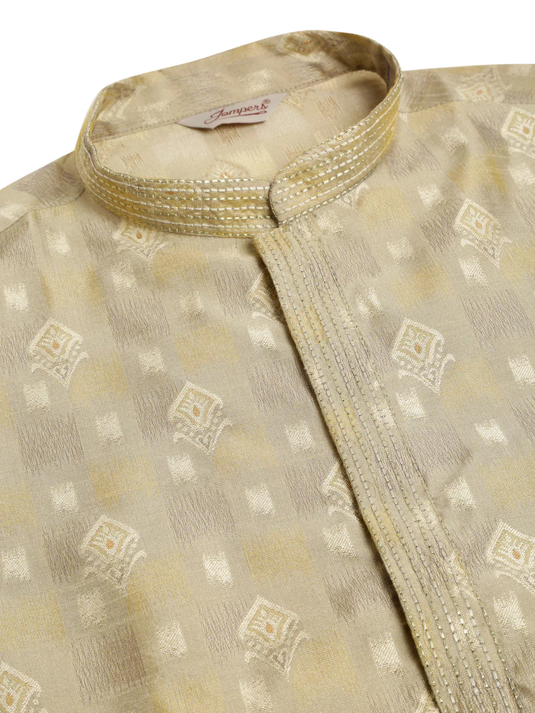 Jompers Men's Beige Collar Embroidered Woven Design Kurta Pajama ( JOKP 672 Beige )