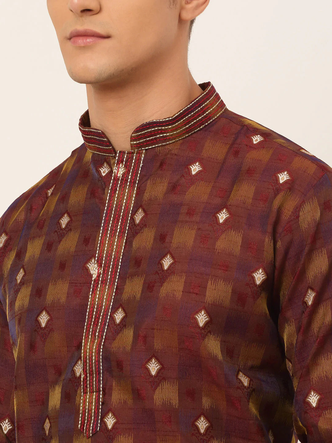 Jompers Men's Maroon Collar Embroidered Woven Design Kurta Pajama ( JOKP 672 Maroon )