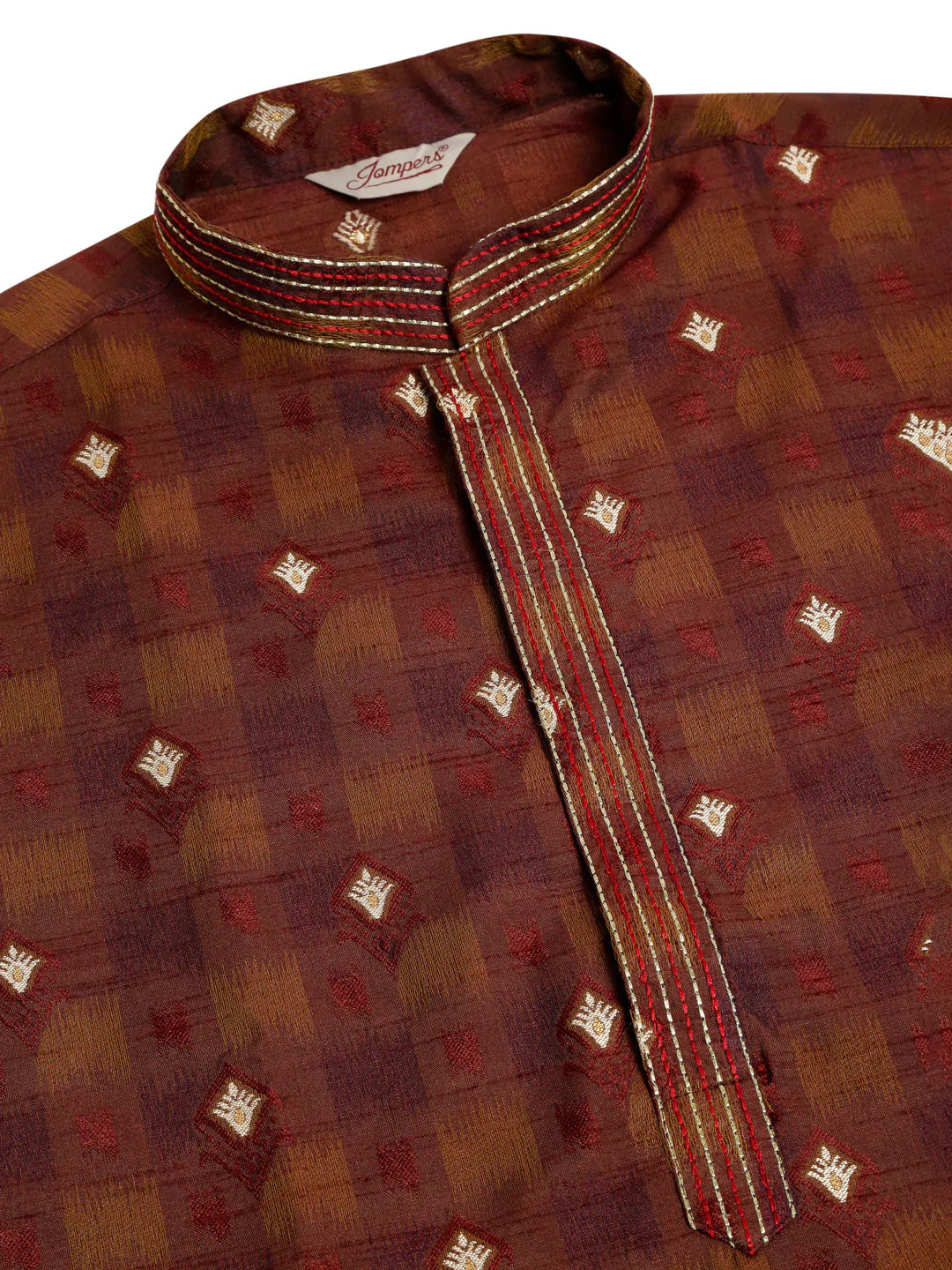 Jompers Men's Maroon Collar Embroidered Woven Design Kurta Pajama ( JOKP 672 Maroon )