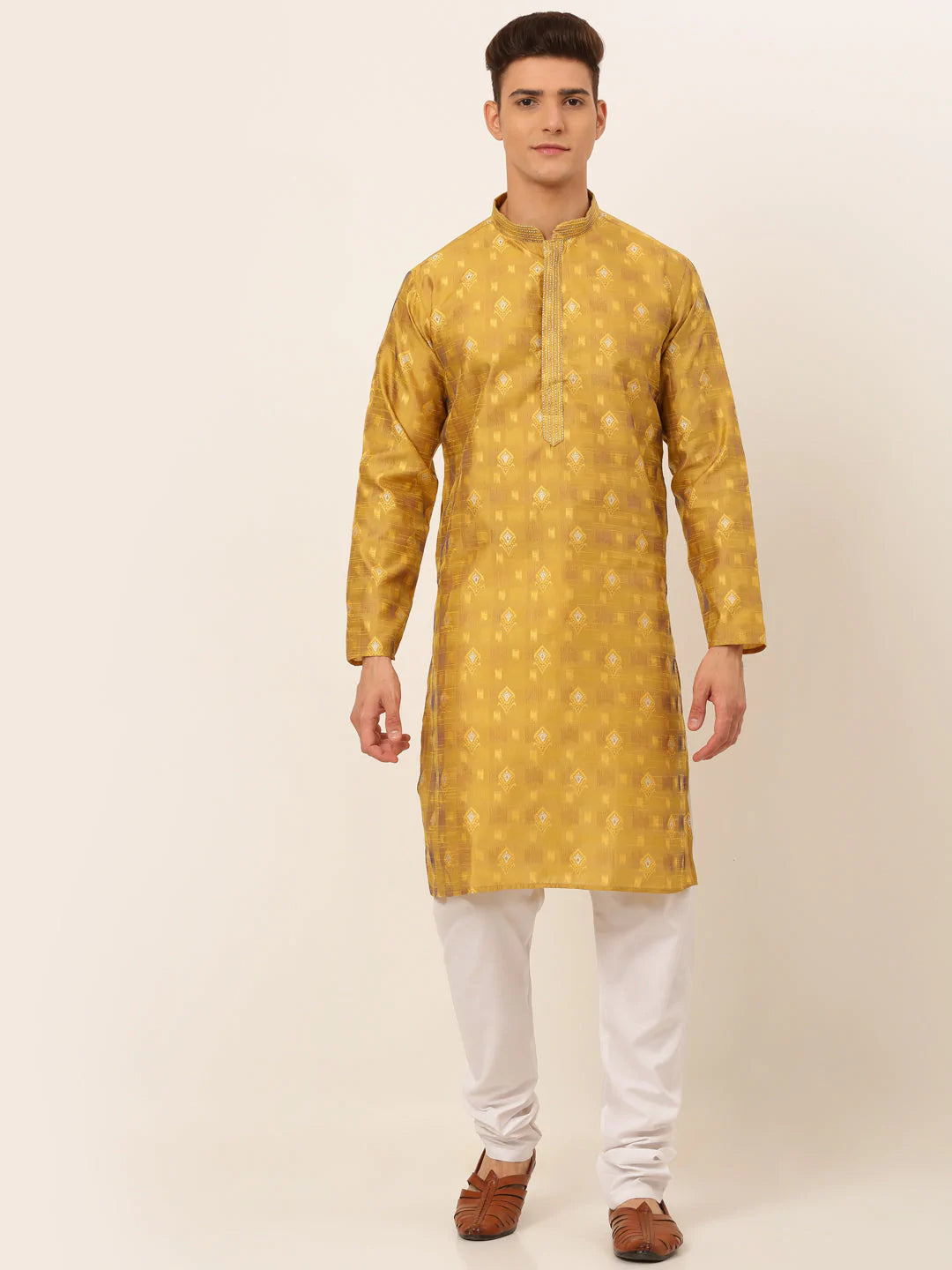Jompers Men's Mustard Collar Embroidered Woven Design Kurta Pajama ( JOKP 672 Mustard )