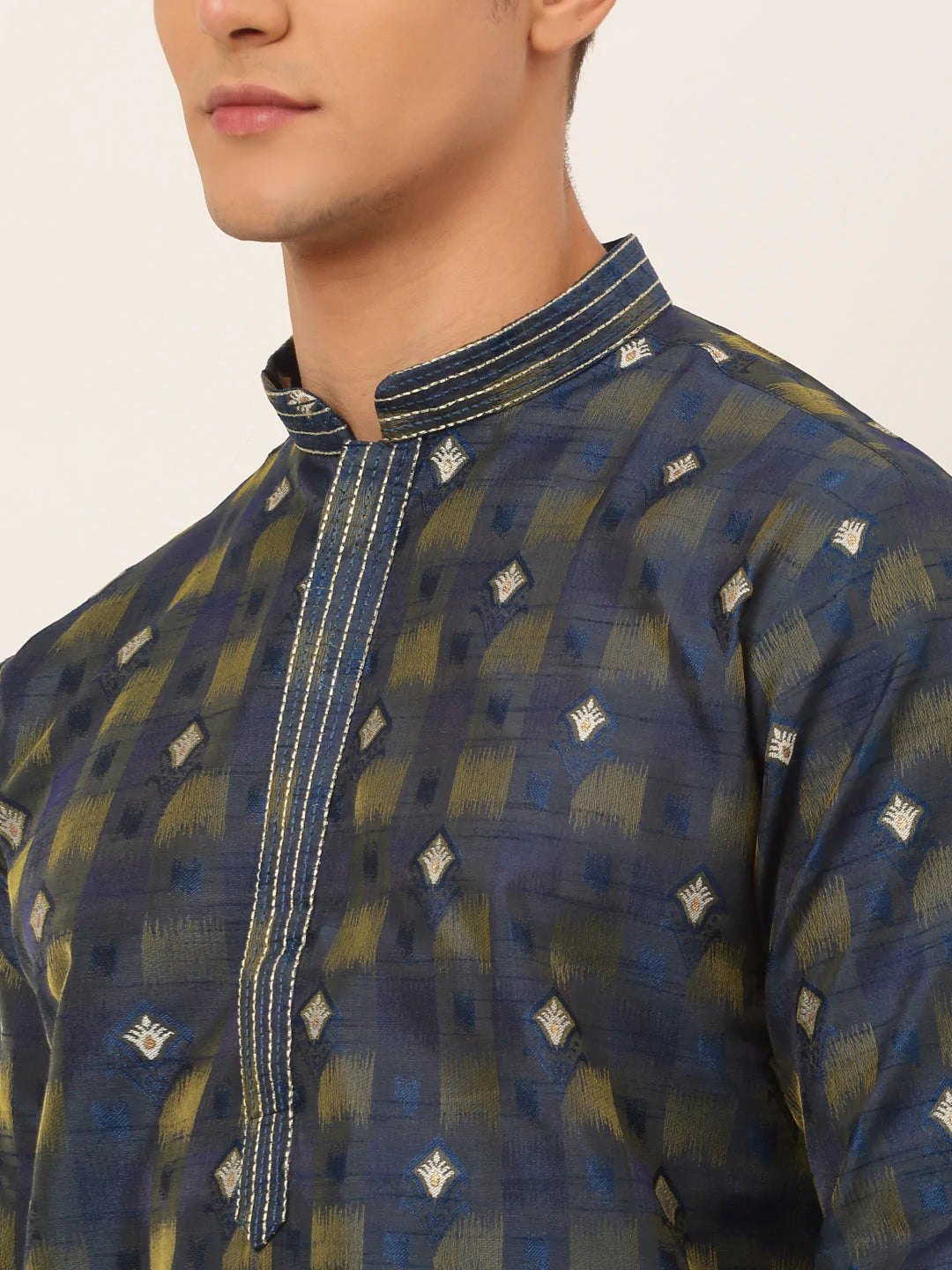 Jompers Men's Navy Blue Collar Embroidered Woven Design Kurta Pajama ( JOKP 672 Navy )