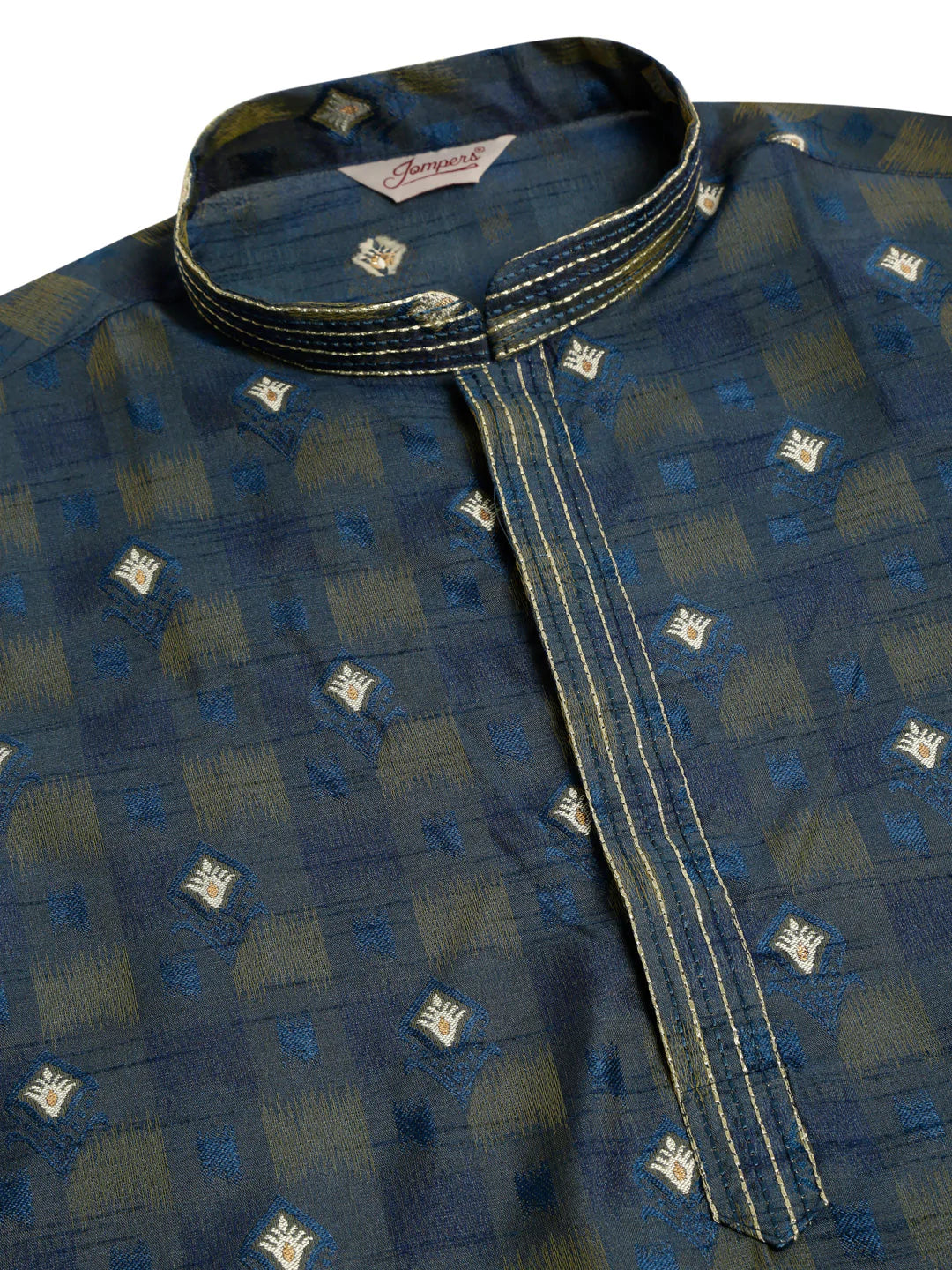 Jompers Men's Navy Blue Collar Embroidered Woven Design Kurta Pajama ( JOKP 672 Navy )