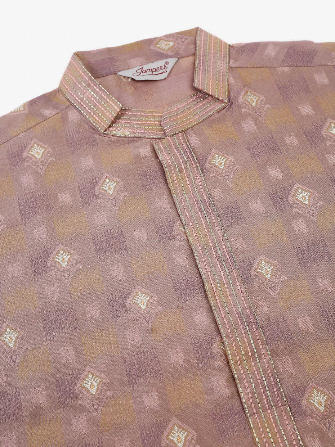 Jompers Men's Pink Collar Embroidered Woven Design Kurta Pajama ( JOKP 672 Pink )