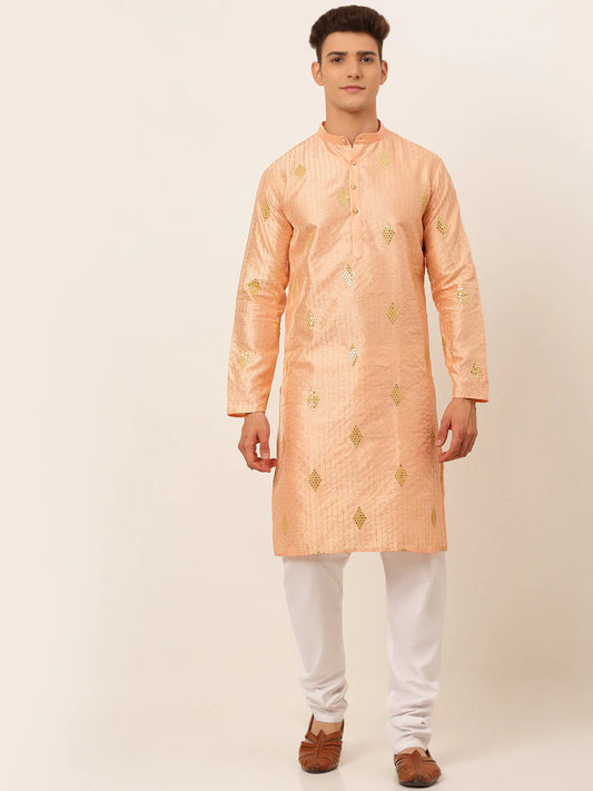 Jompers Men Peach Embroidered Sequinned Kurta with Churidar ( JOKP 673 Peach )