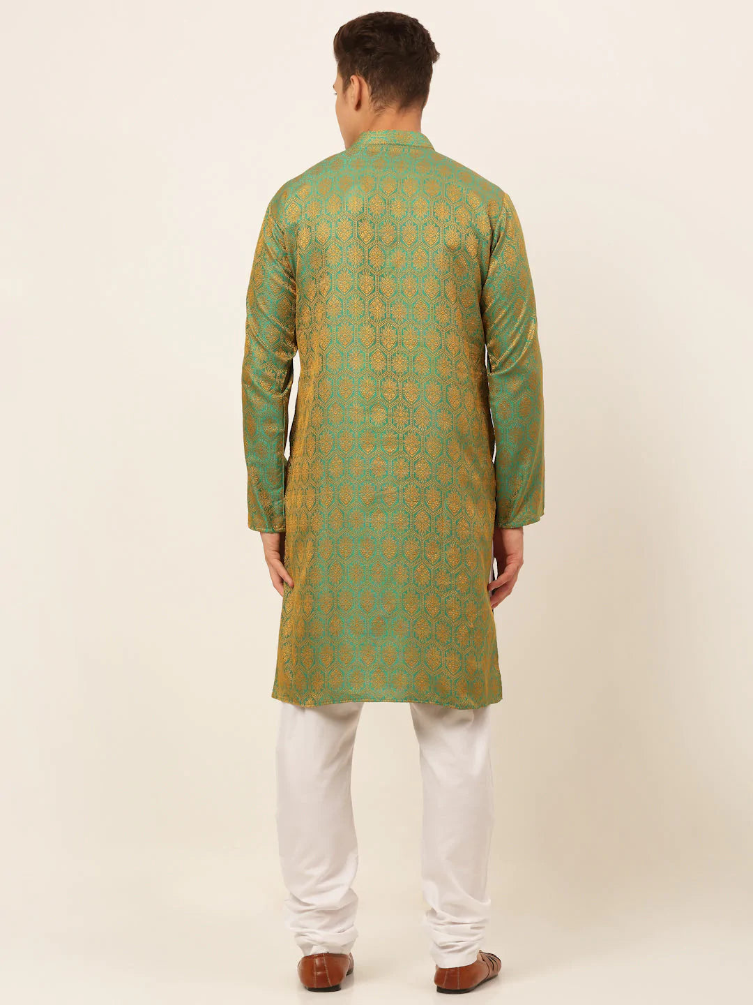 Jompers Men's Green and Golden Woven Design Kurta Pajama ( JOKP 674 Green )