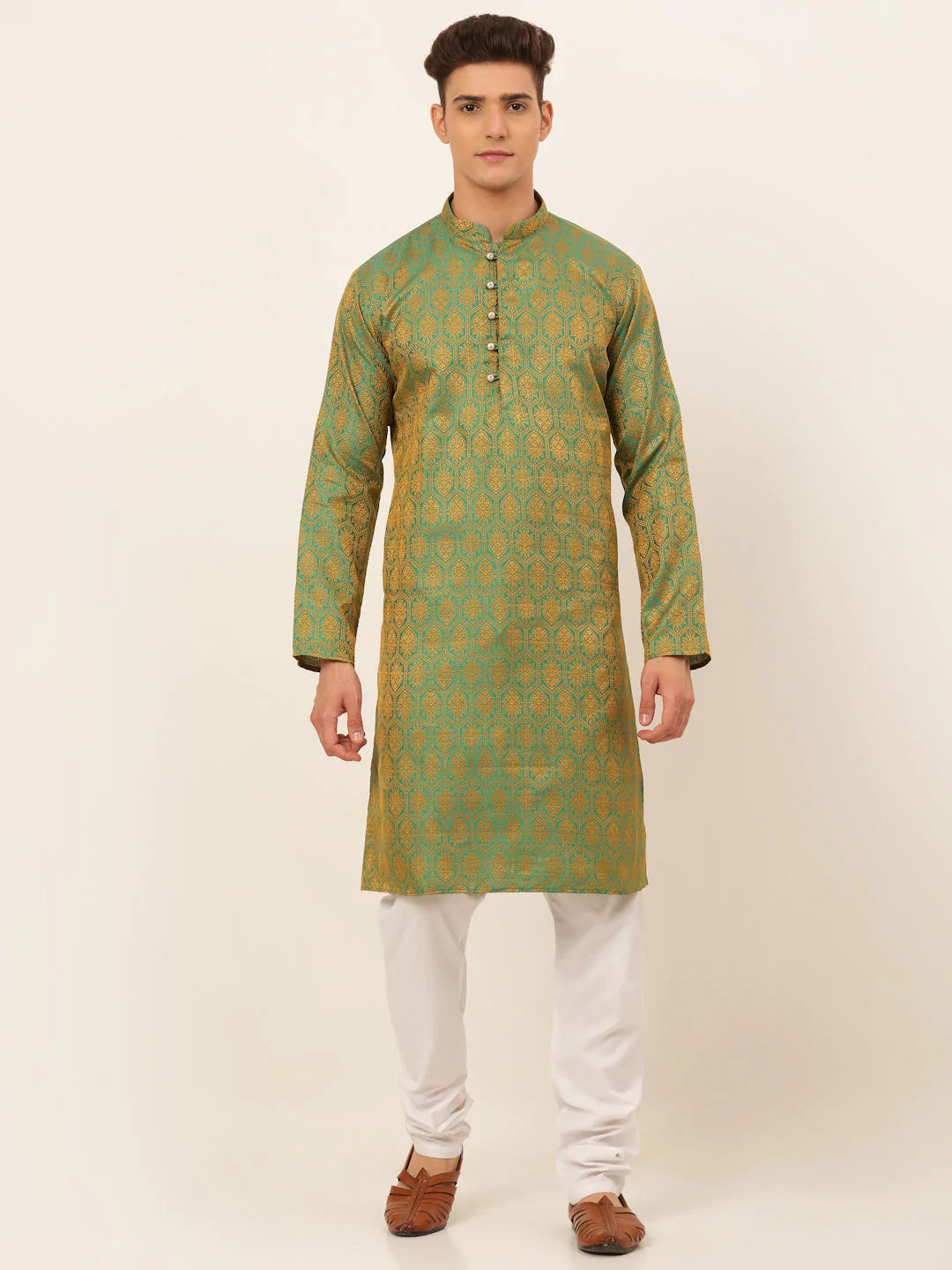 Jompers Men's Green and Golden Woven Design Kurta Pajama ( JOKP 674 Green )