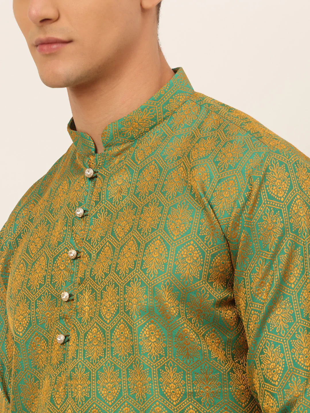 Jompers Men's Green and Golden Woven Design Kurta Pajama ( JOKP 674 Green )