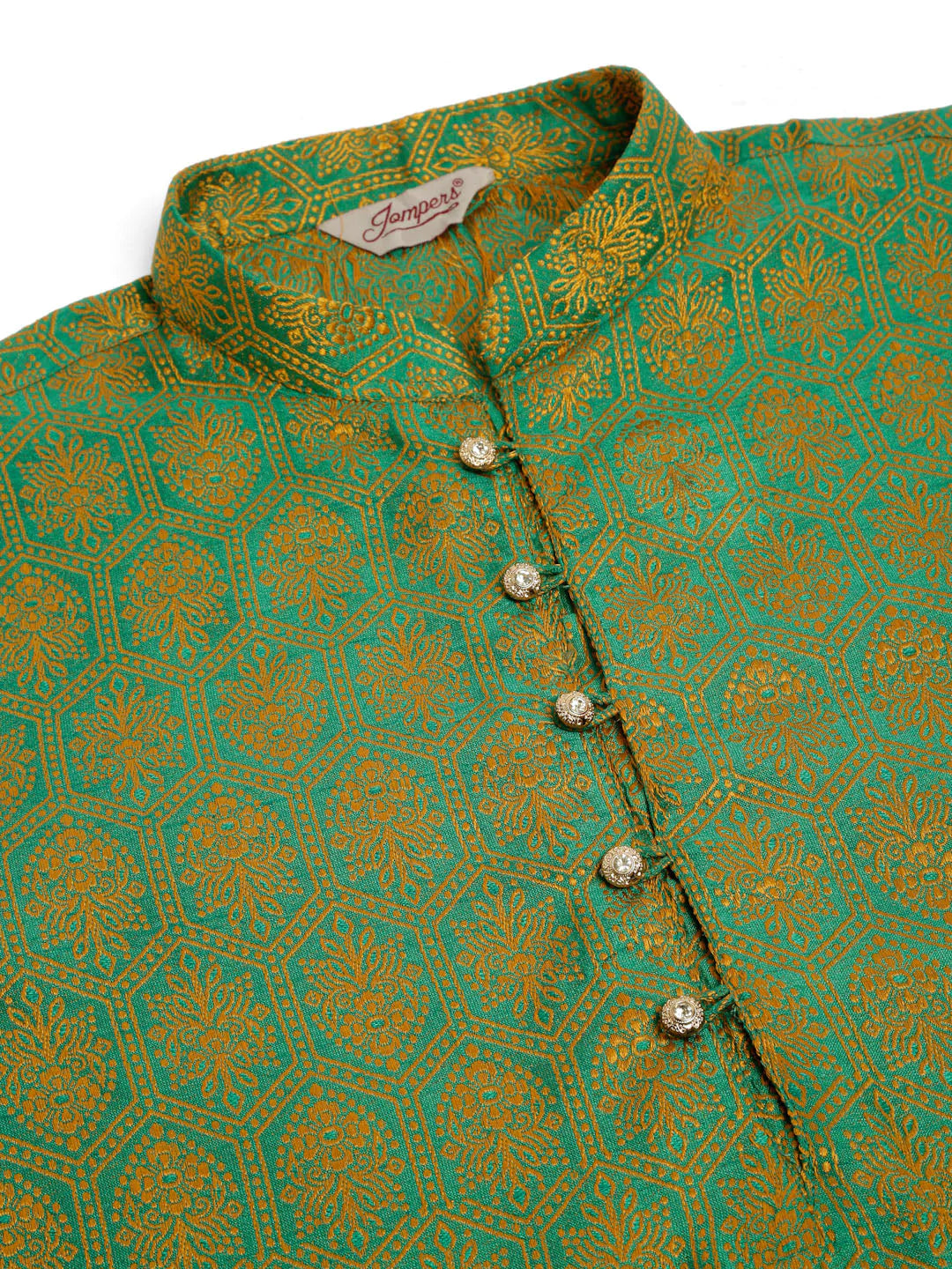 Jompers Men's Green and Golden Woven Design Kurta Pajama ( JOKP 674 Green )