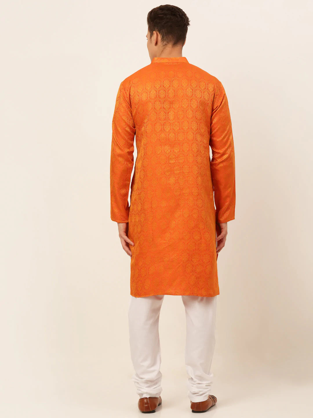 Jompers Men's Orange and Golden Woven Design Kurta Pajama ( JOKP 674 Orange )