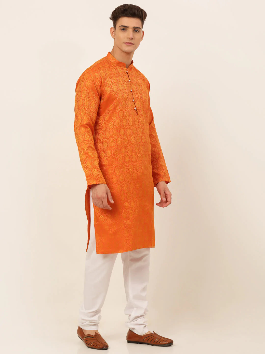 Jompers Men's Orange and Golden Woven Design Kurta Pajama ( JOKP 674 Orange )