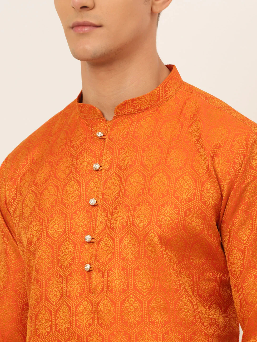 Jompers Men's Orange and Golden Woven Design Kurta Pajama ( JOKP 674 Orange )