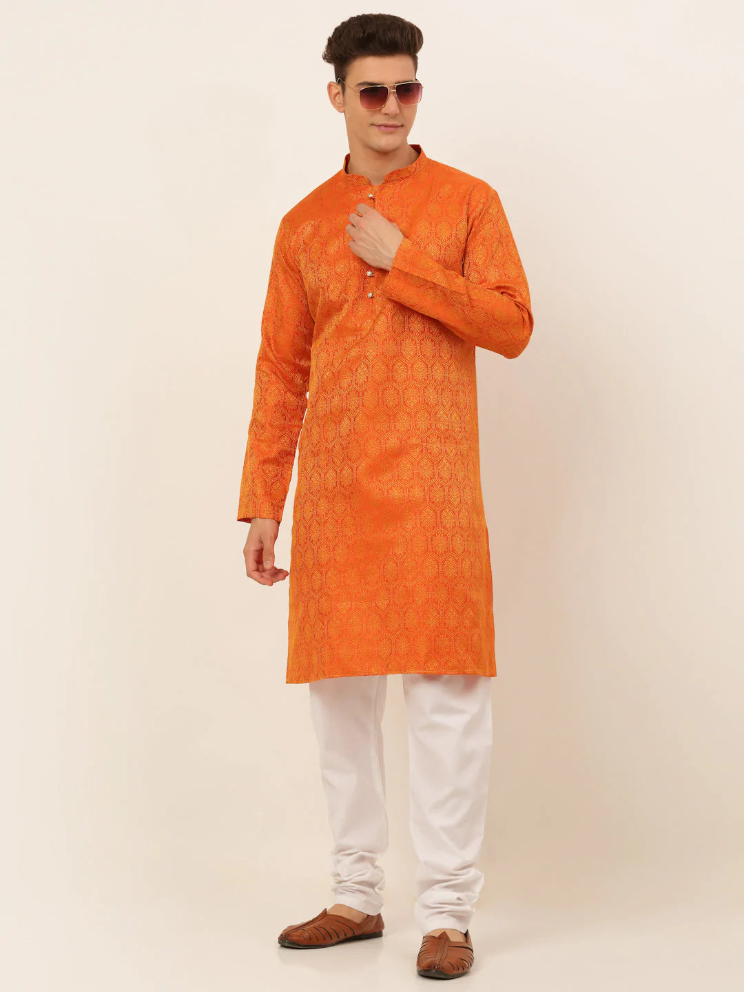Jompers Men's Orange and Golden Woven Design Kurta Pajama ( JOKP 674 Orange )