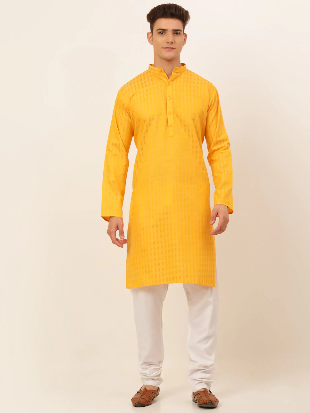 Jompers Men's Mustard Woven Design Kurta Pajama ( JOKP 675 Mustard )