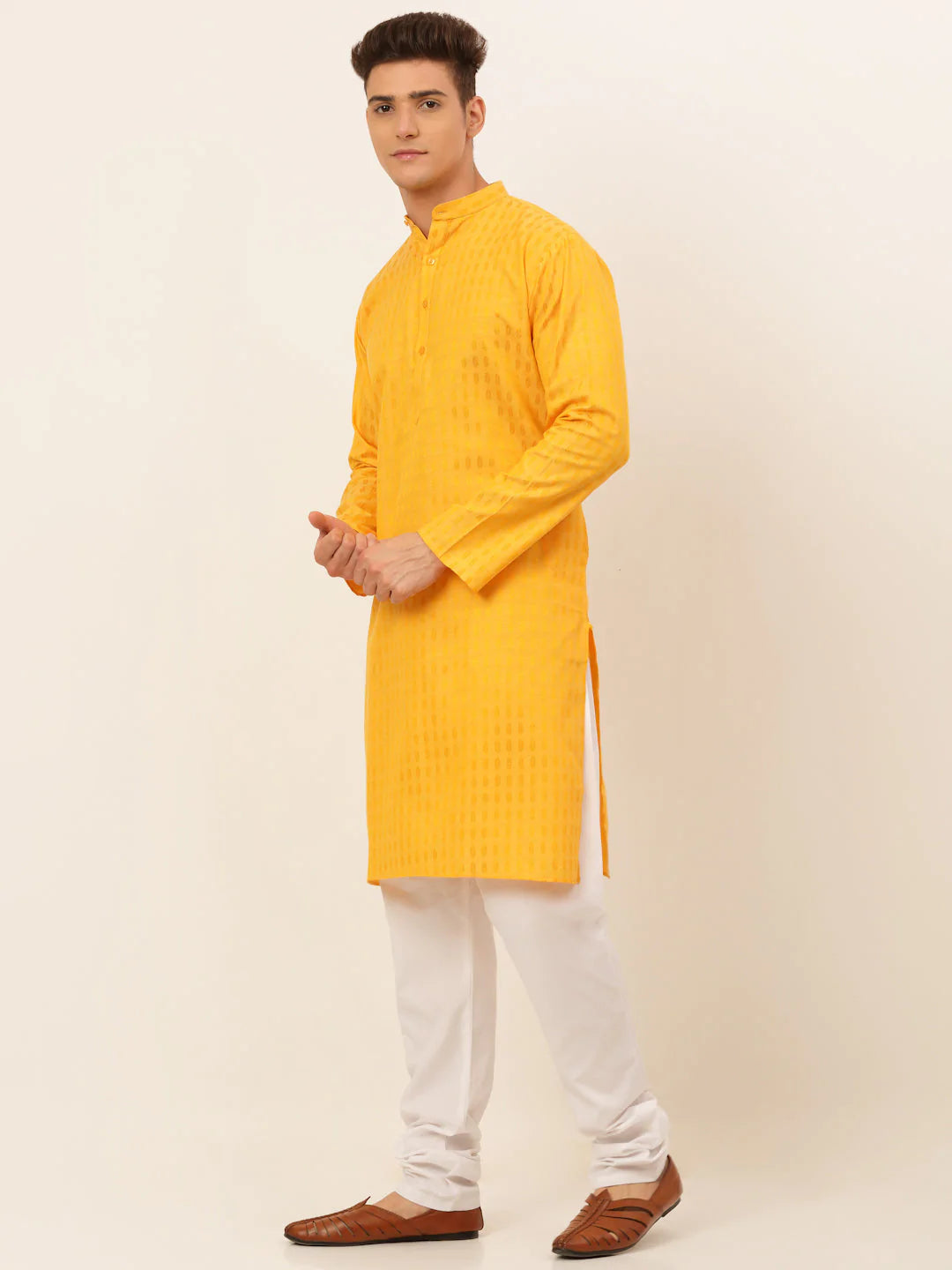 Jompers Men's Mustard Woven Design Kurta Pajama ( JOKP 675 Mustard )