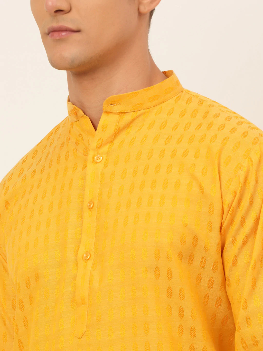 Jompers Men's Mustard Woven Design Kurta Pajama ( JOKP 675 Mustard )