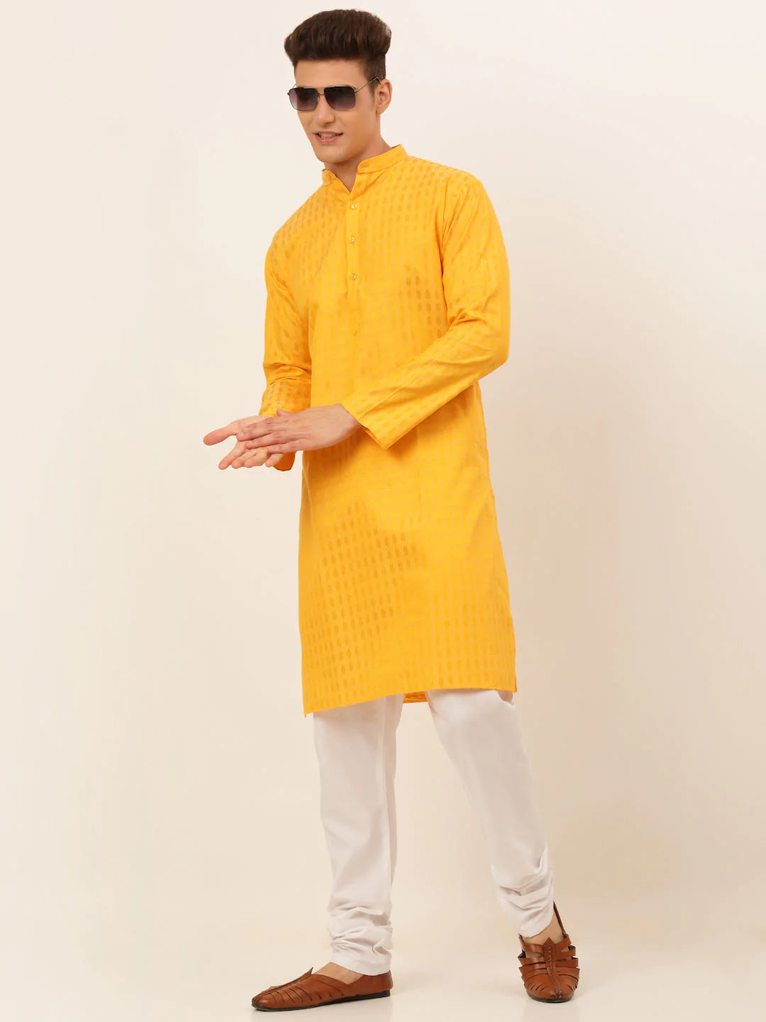 Jompers Men's Mustard Woven Design Kurta Pajama ( JOKP 675 Mustard )